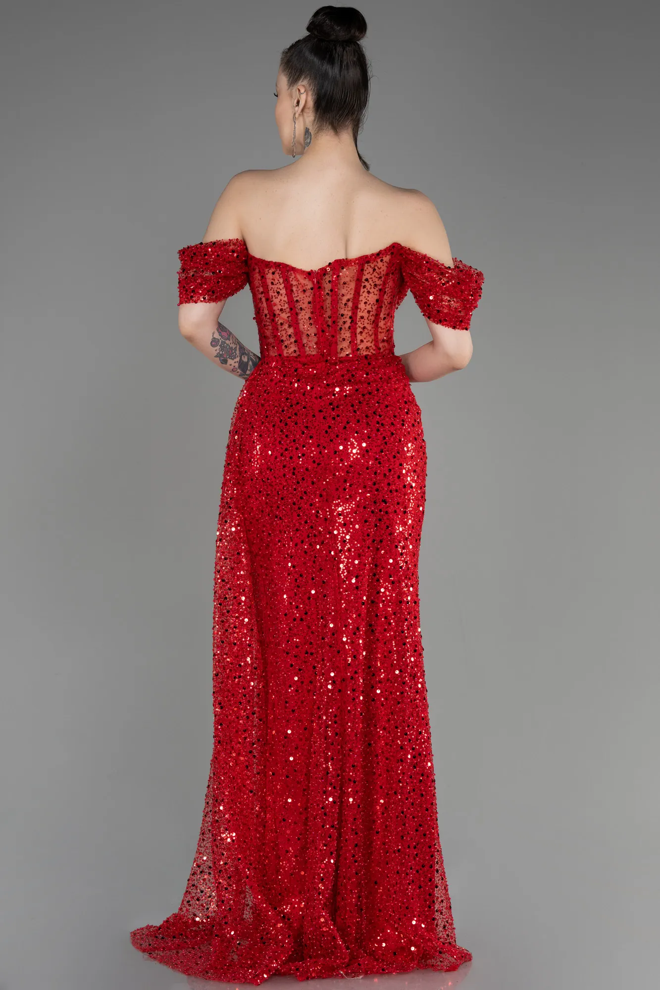 Red-Off-Shoulder Slit Long Scaly Evening Dress ABU3847