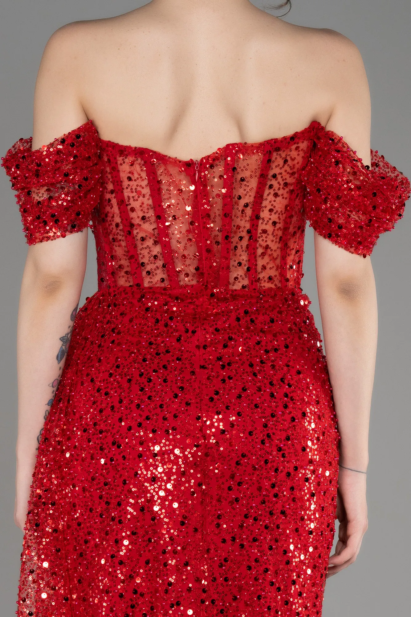 Red-Off-Shoulder Slit Long Scaly Evening Dress ABU3847