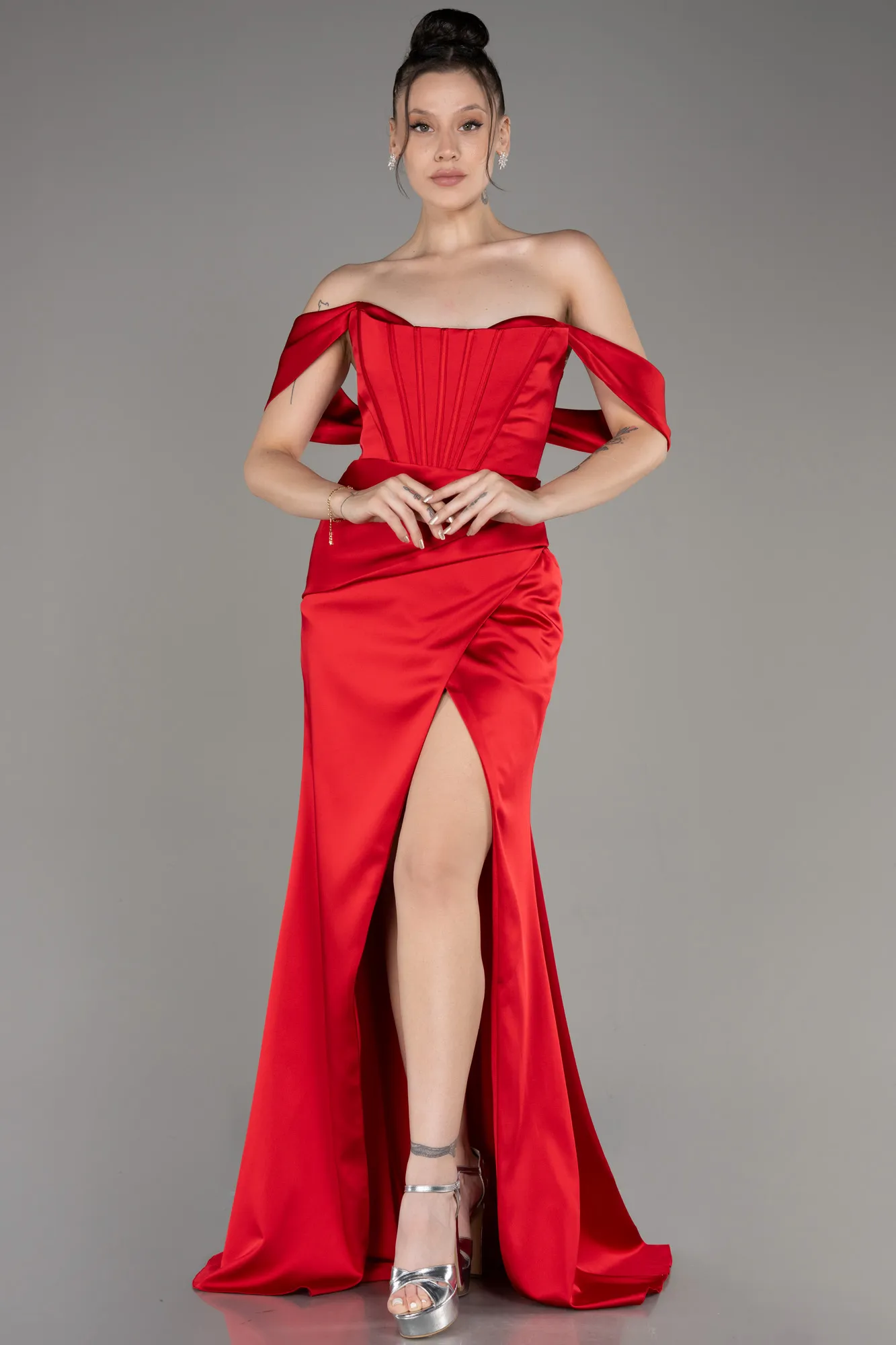 Red-Off Shoulder Slit Satin Prom Dress ABU3964