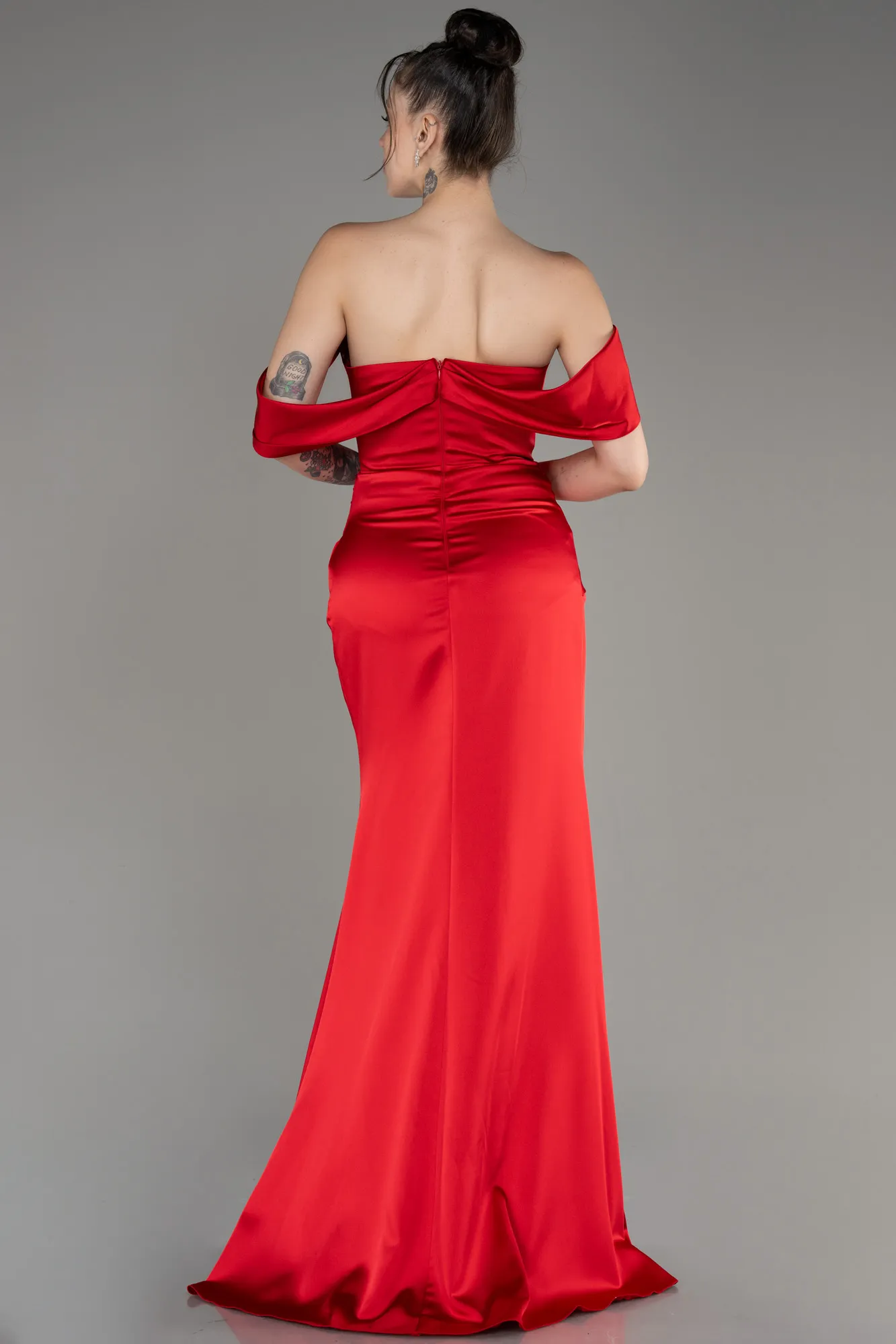 Red-Off Shoulder Slit Satin Prom Dress ABU3964