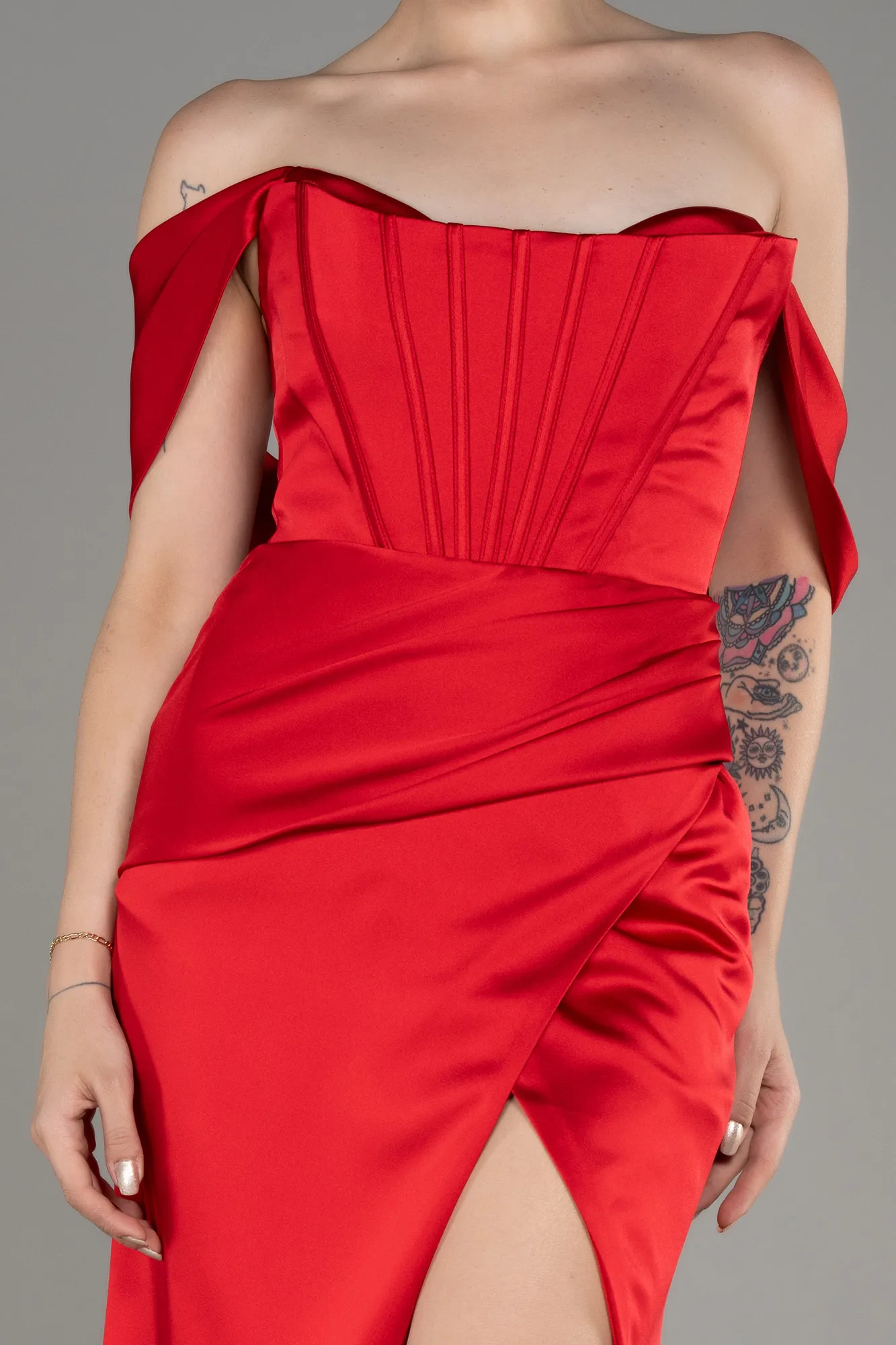 Red-Off Shoulder Slit Satin Prom Dress ABU3964