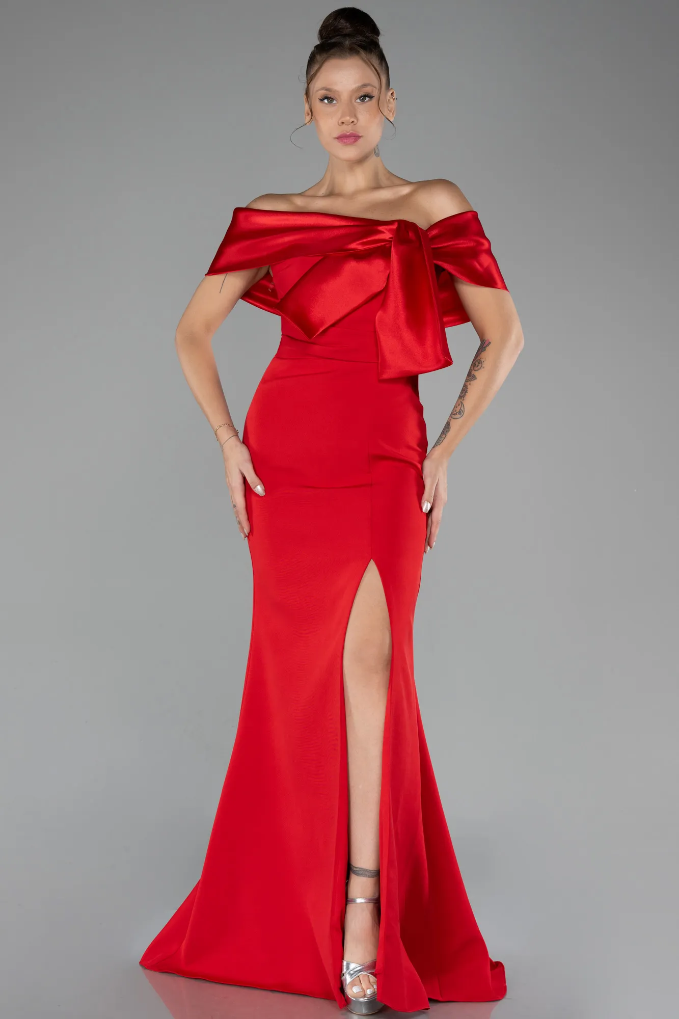 Red-Off The Shoulder Slit Long Mermaid Evening Gown ABU4296