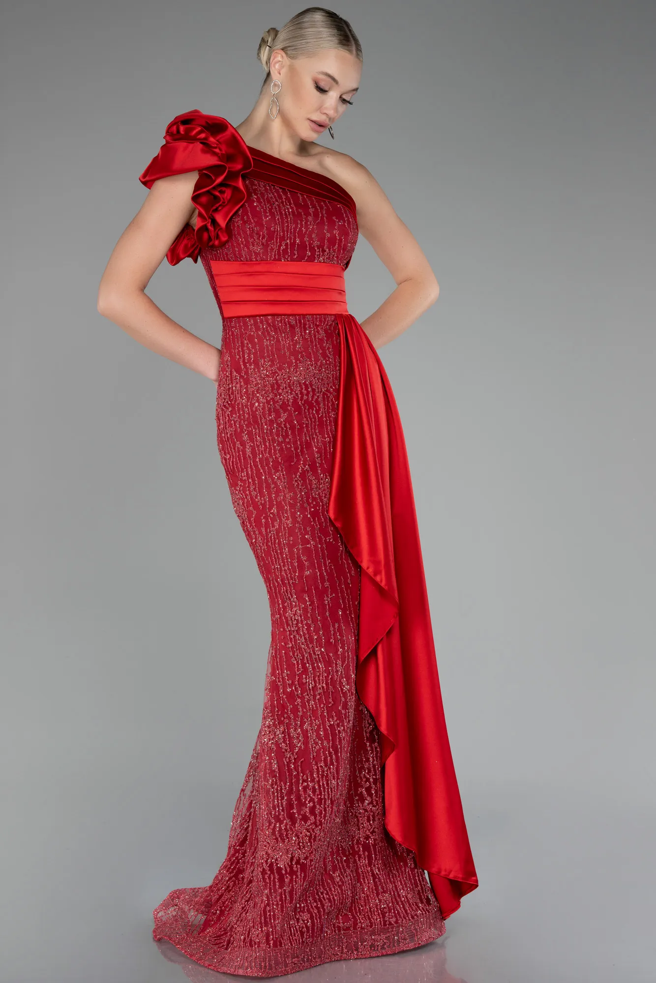 Red-One Shoulder Glitter Long Evening Gown ABU4059