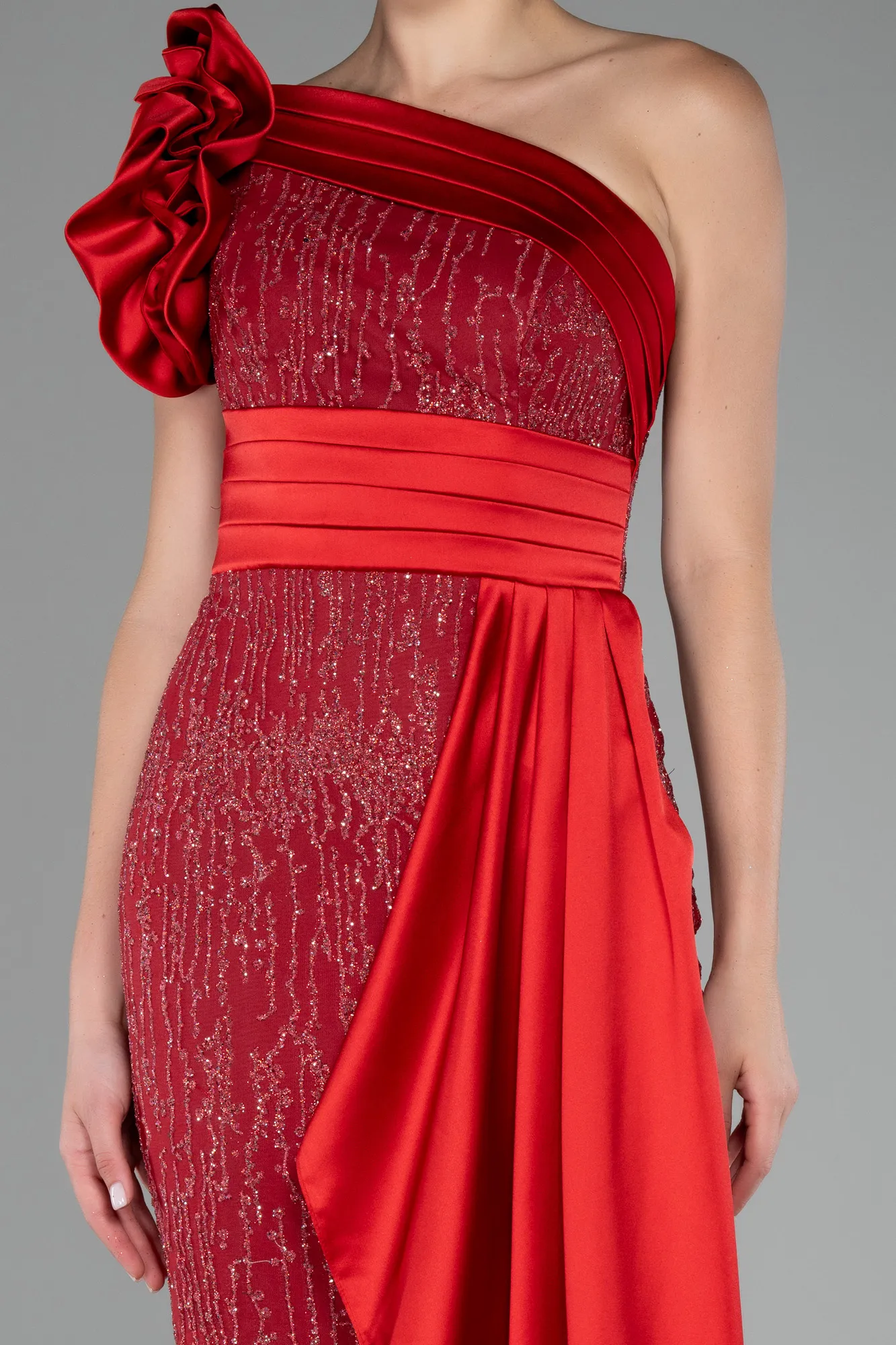 Red-One Shoulder Glitter Long Evening Gown ABU4059