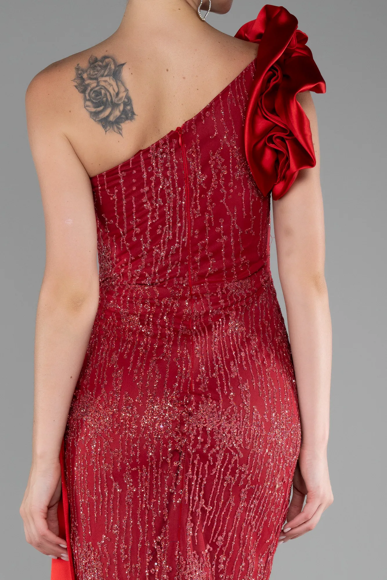 Red-One Shoulder Glitter Long Evening Gown ABU4059