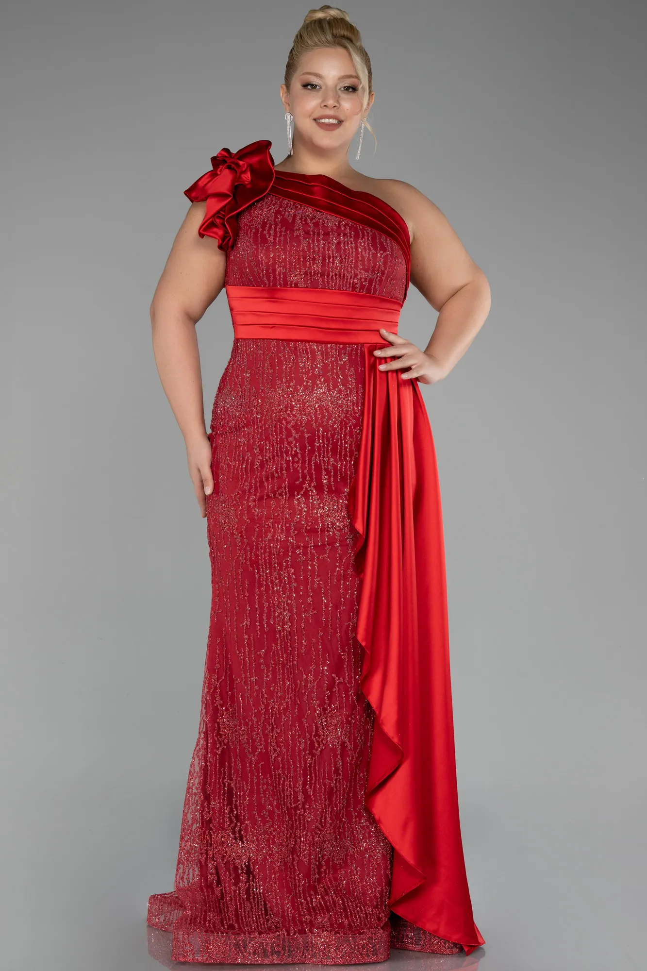 Red-One Shoulder Glitter Long Plus Size Evening Gown ABU4060