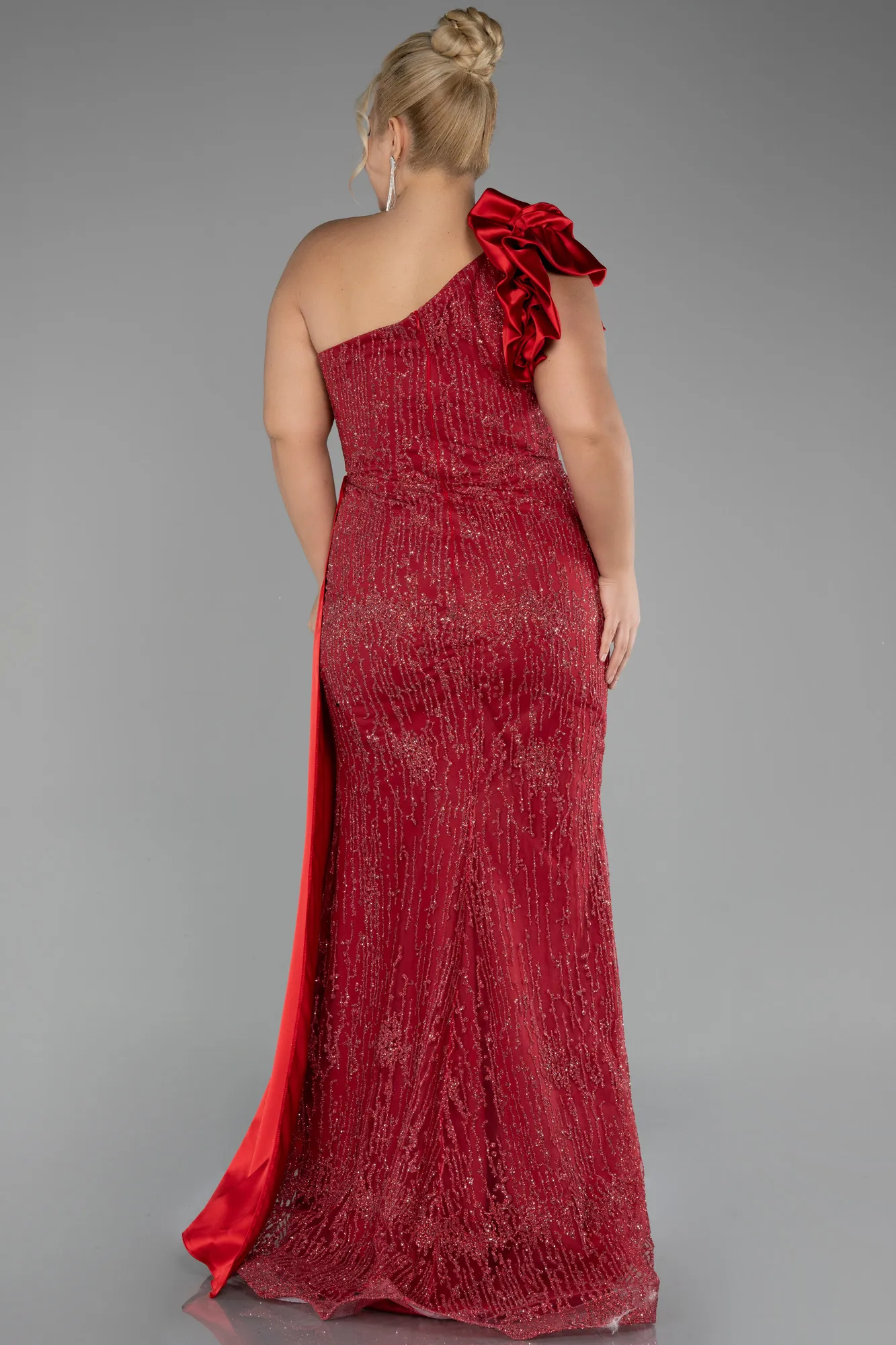 Red-One Shoulder Glitter Long Plus Size Evening Gown ABU4060