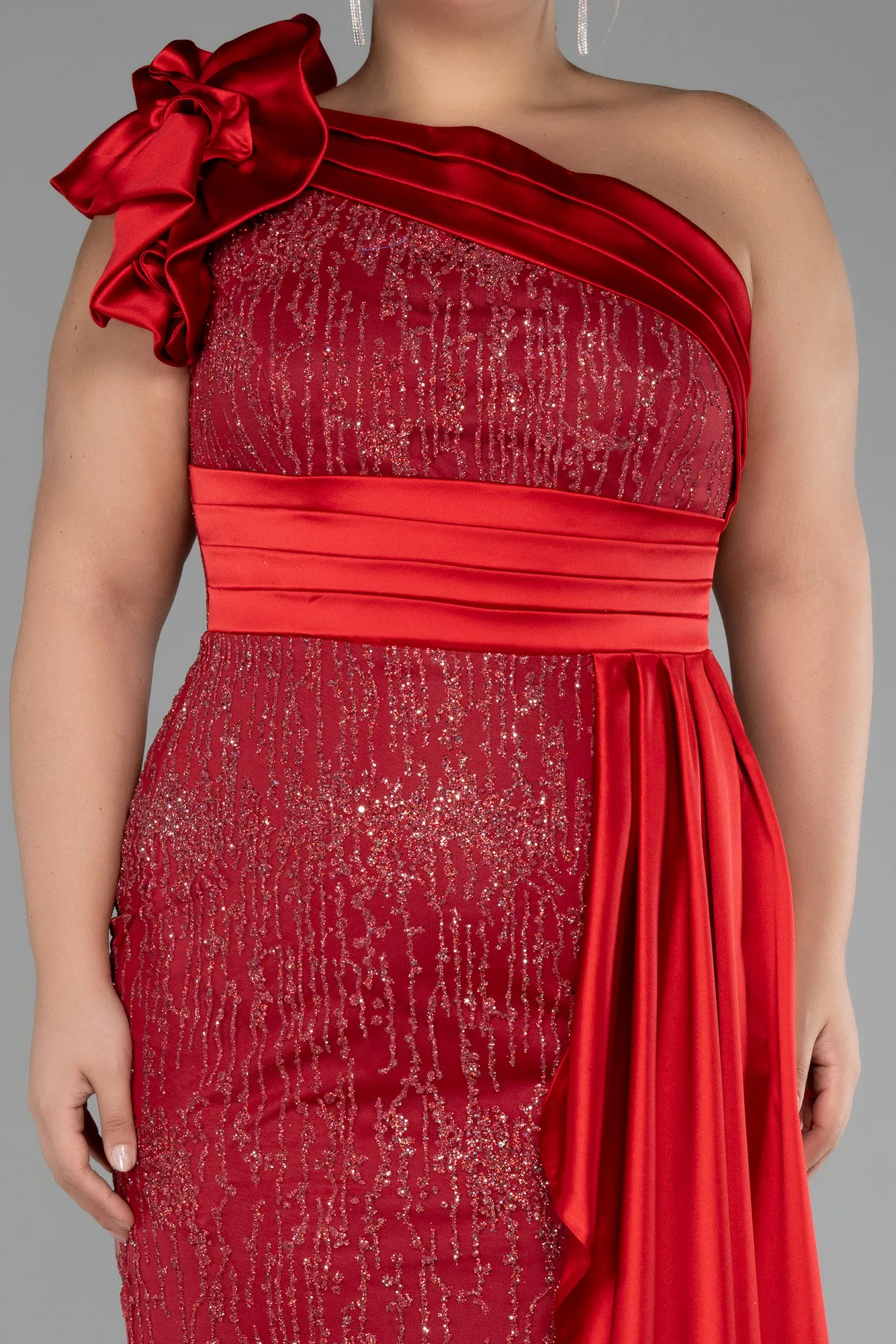 Red-One Shoulder Glitter Long Plus Size Evening Gown ABU4060