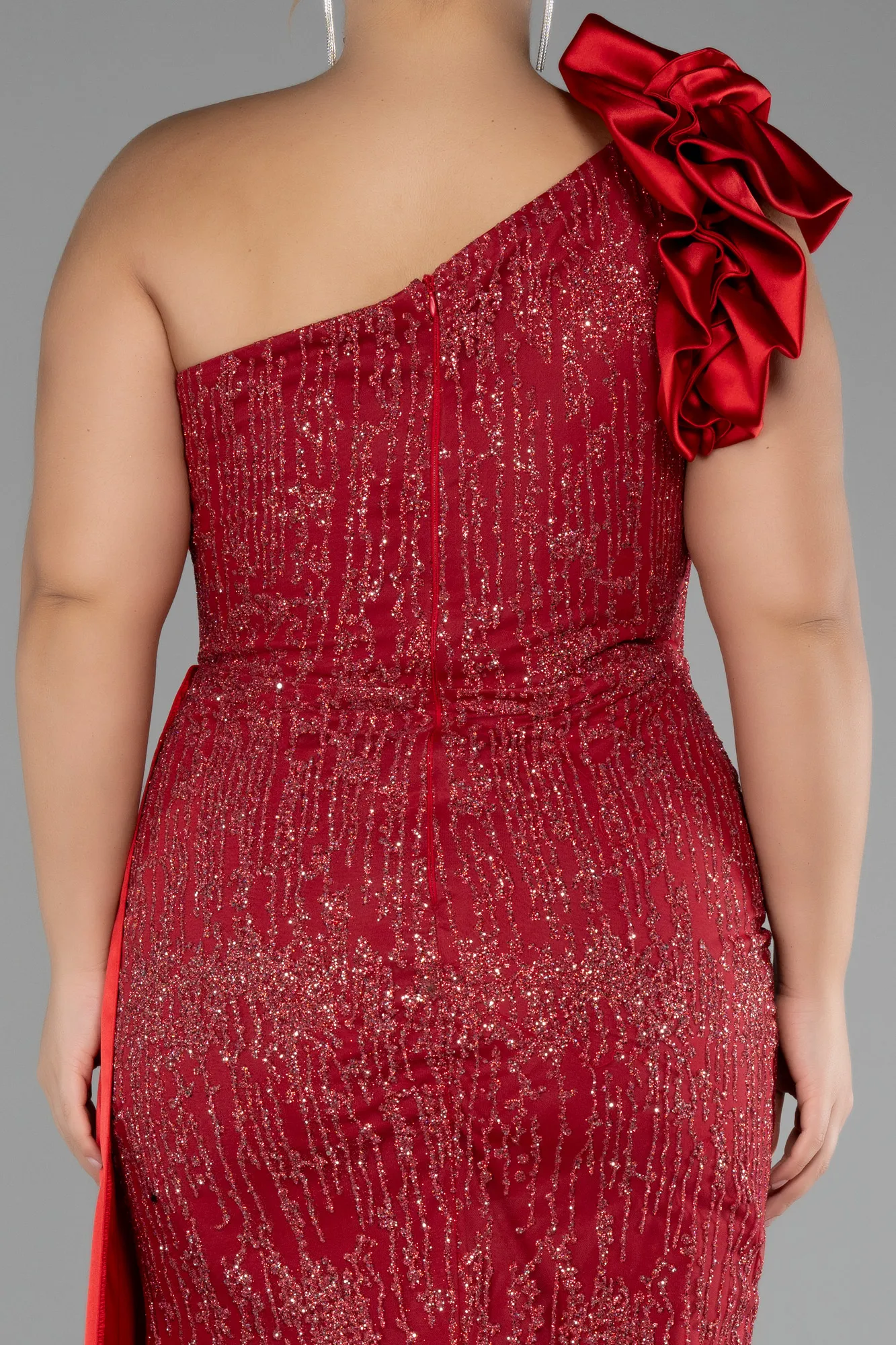 Red-One Shoulder Glitter Long Plus Size Evening Gown ABU4060