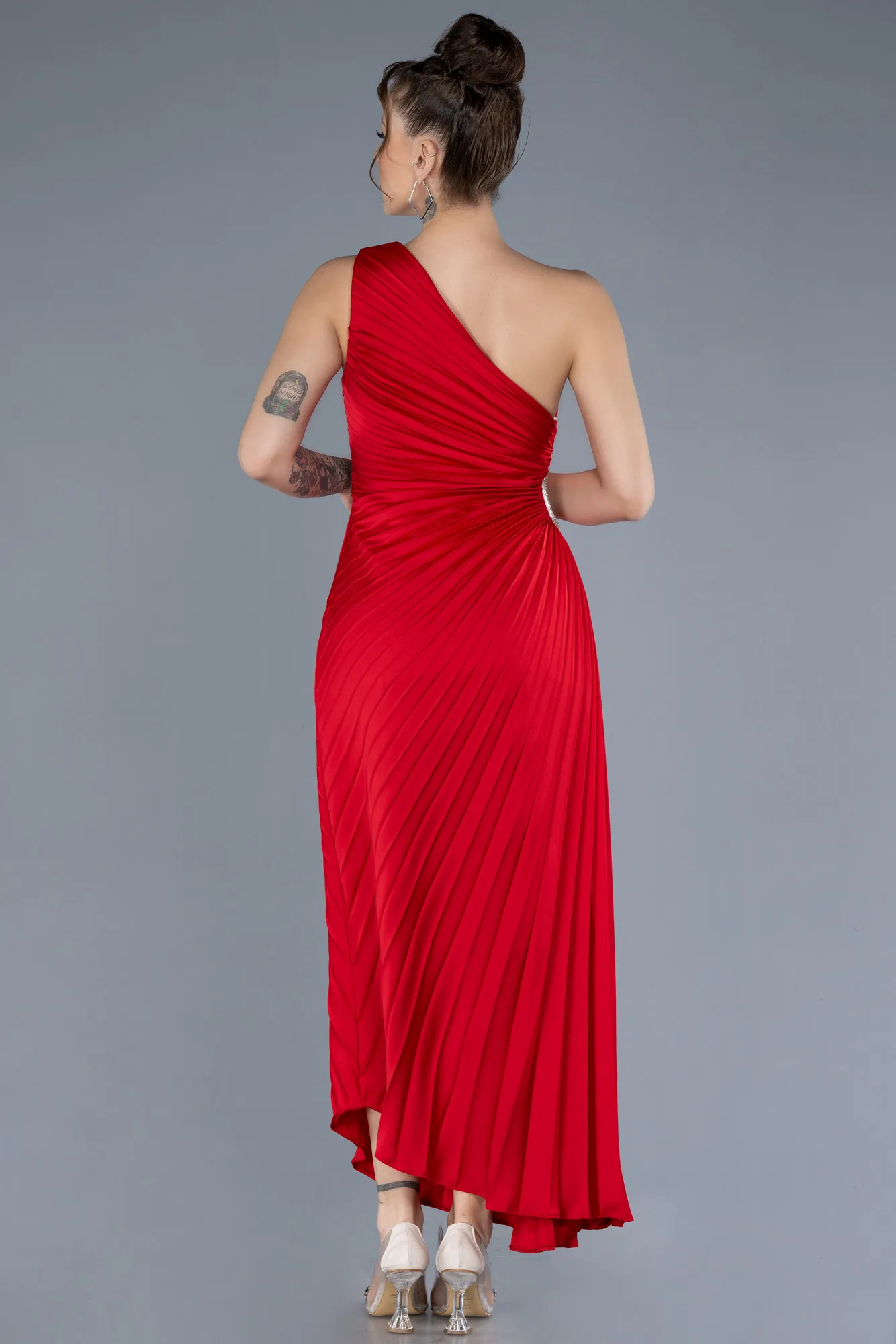 Red-One Shoulder Midi Satin Cocktail Dress ABK2046