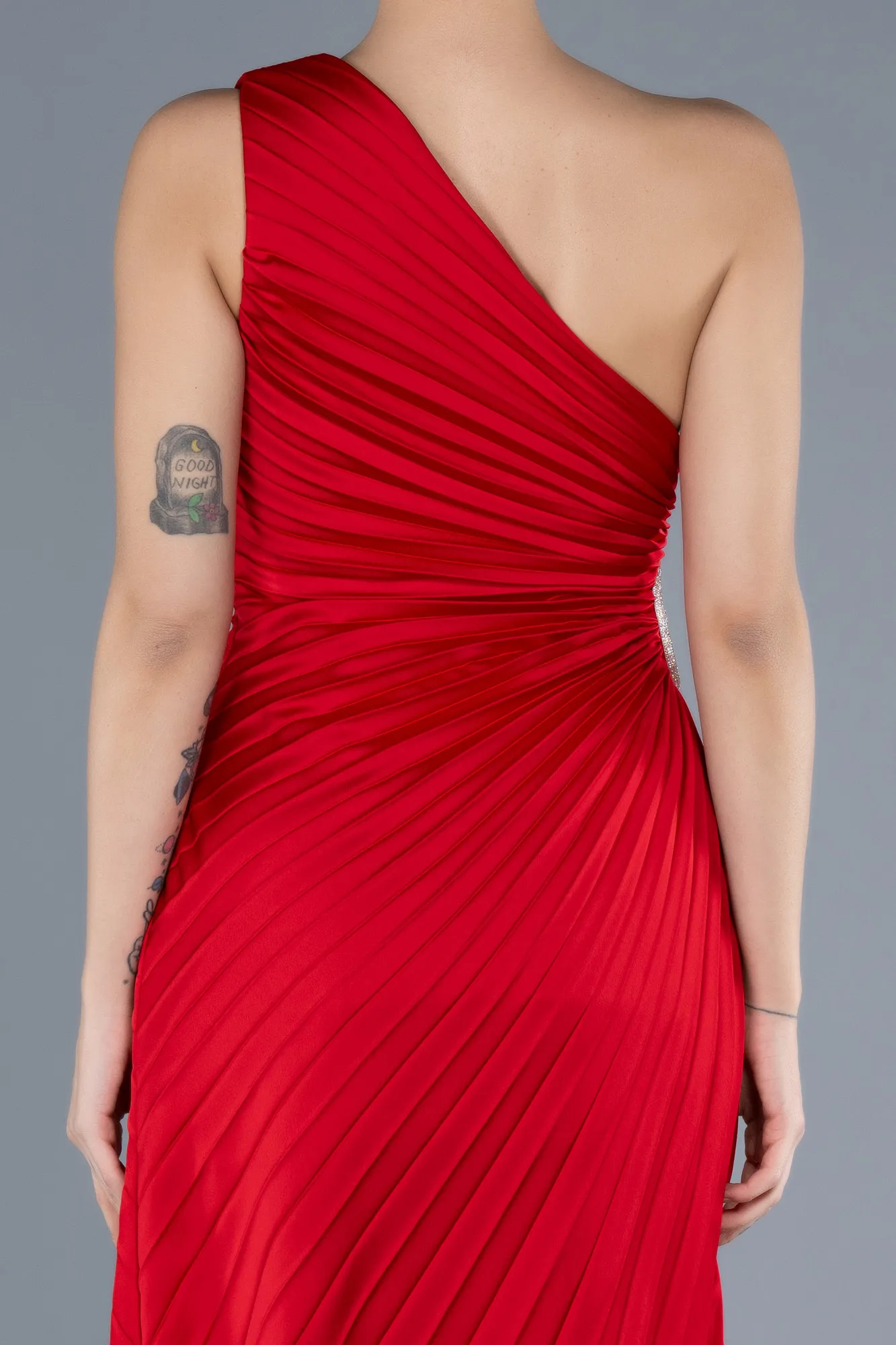 Red-One Shoulder Midi Satin Cocktail Dress ABK2046