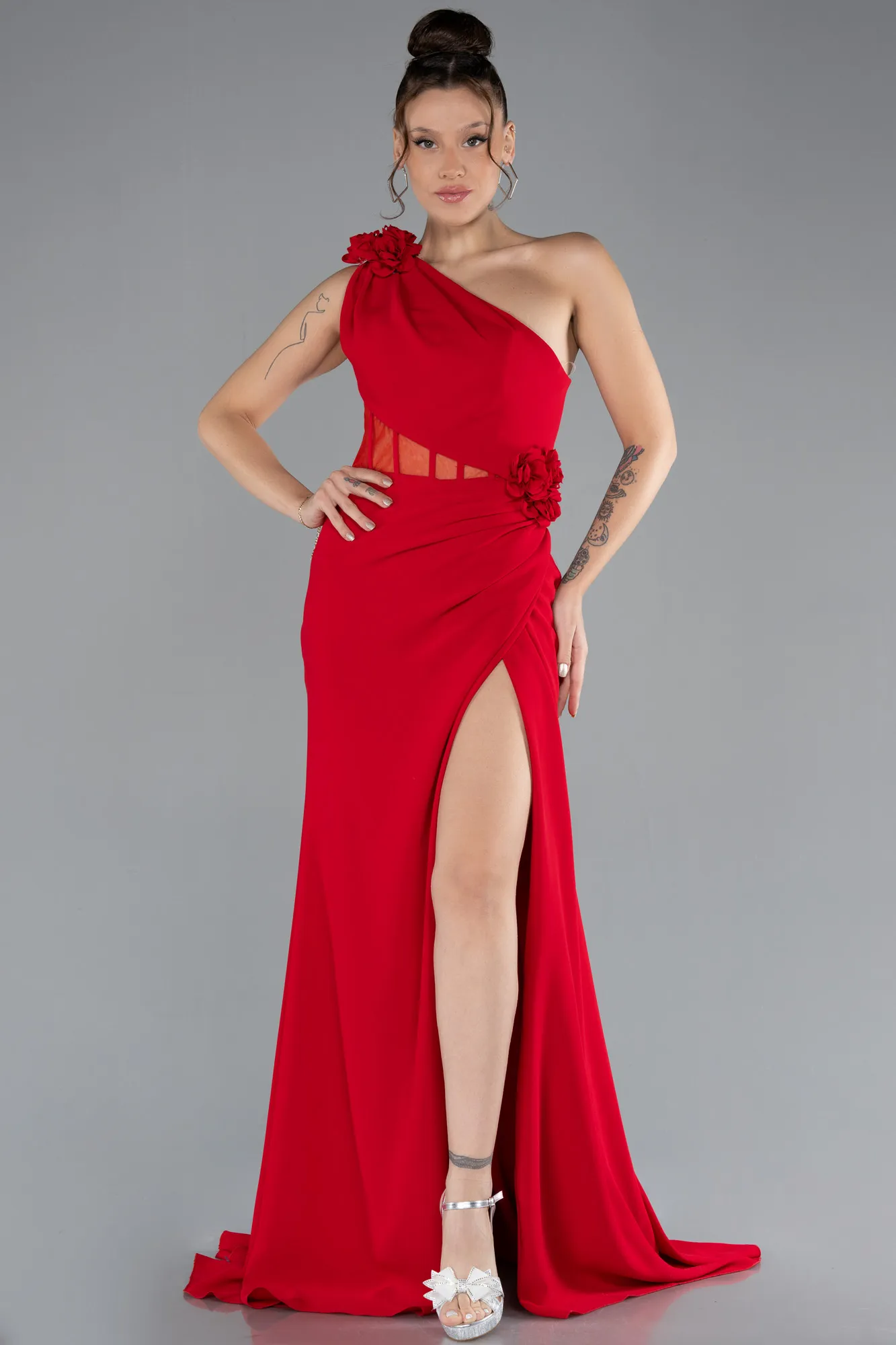 Red-One Shoulder Slit Evening Gown ABU4381