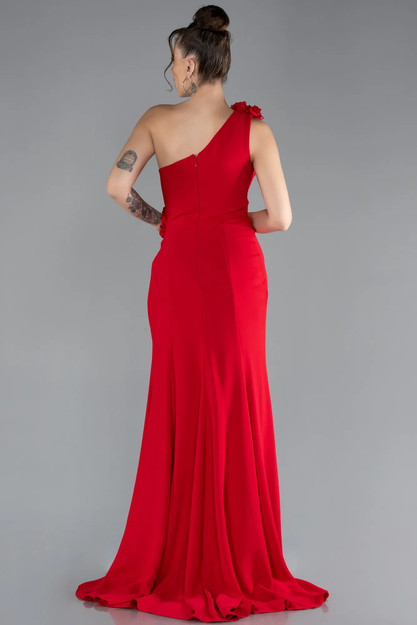 Red-One Shoulder Slit Evening Gown ABU4381