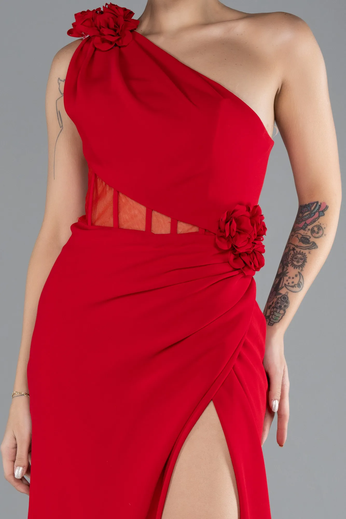 Red-One Shoulder Slit Evening Gown ABU4381