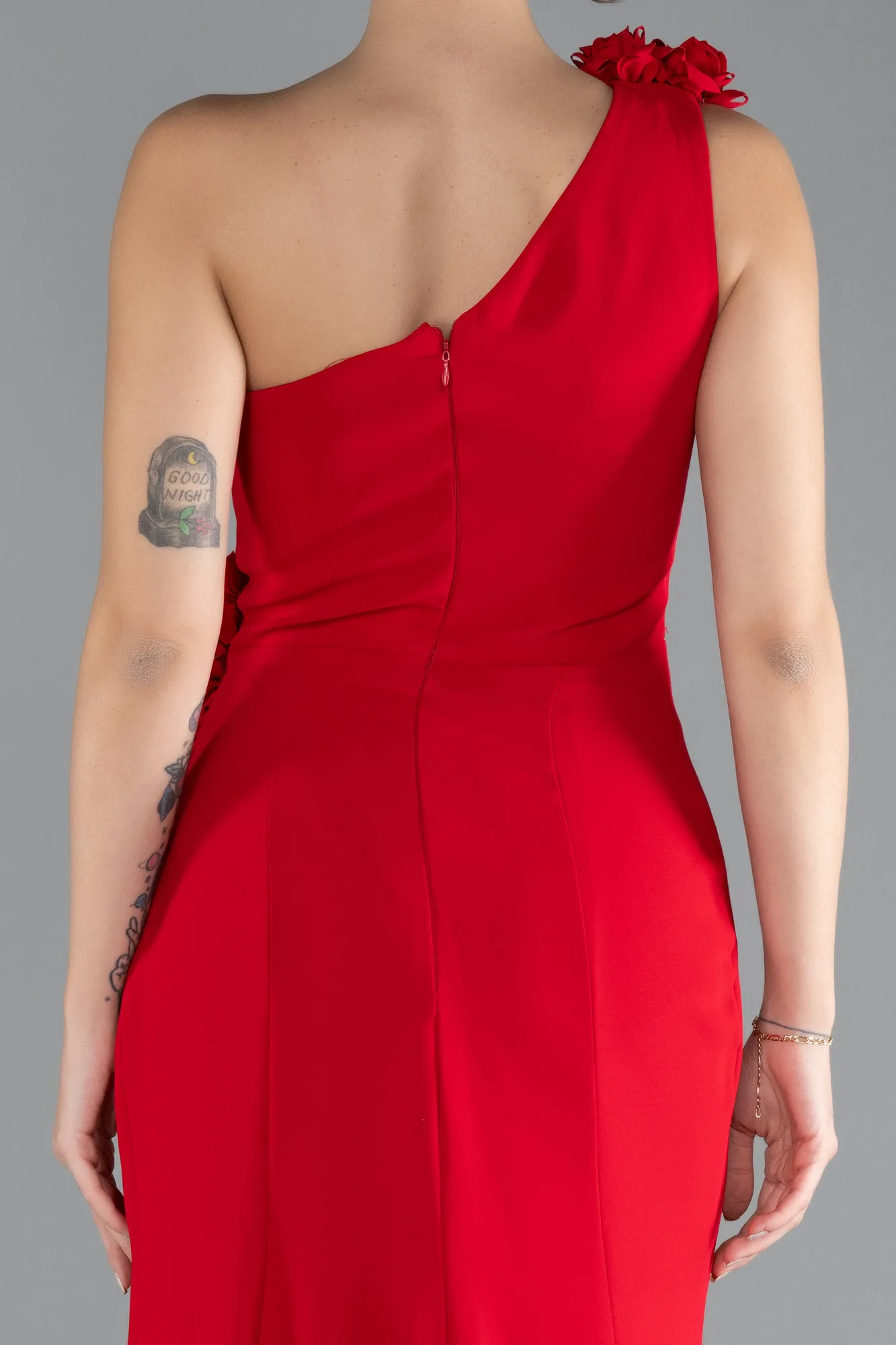 Red-One Shoulder Slit Evening Gown ABU4381