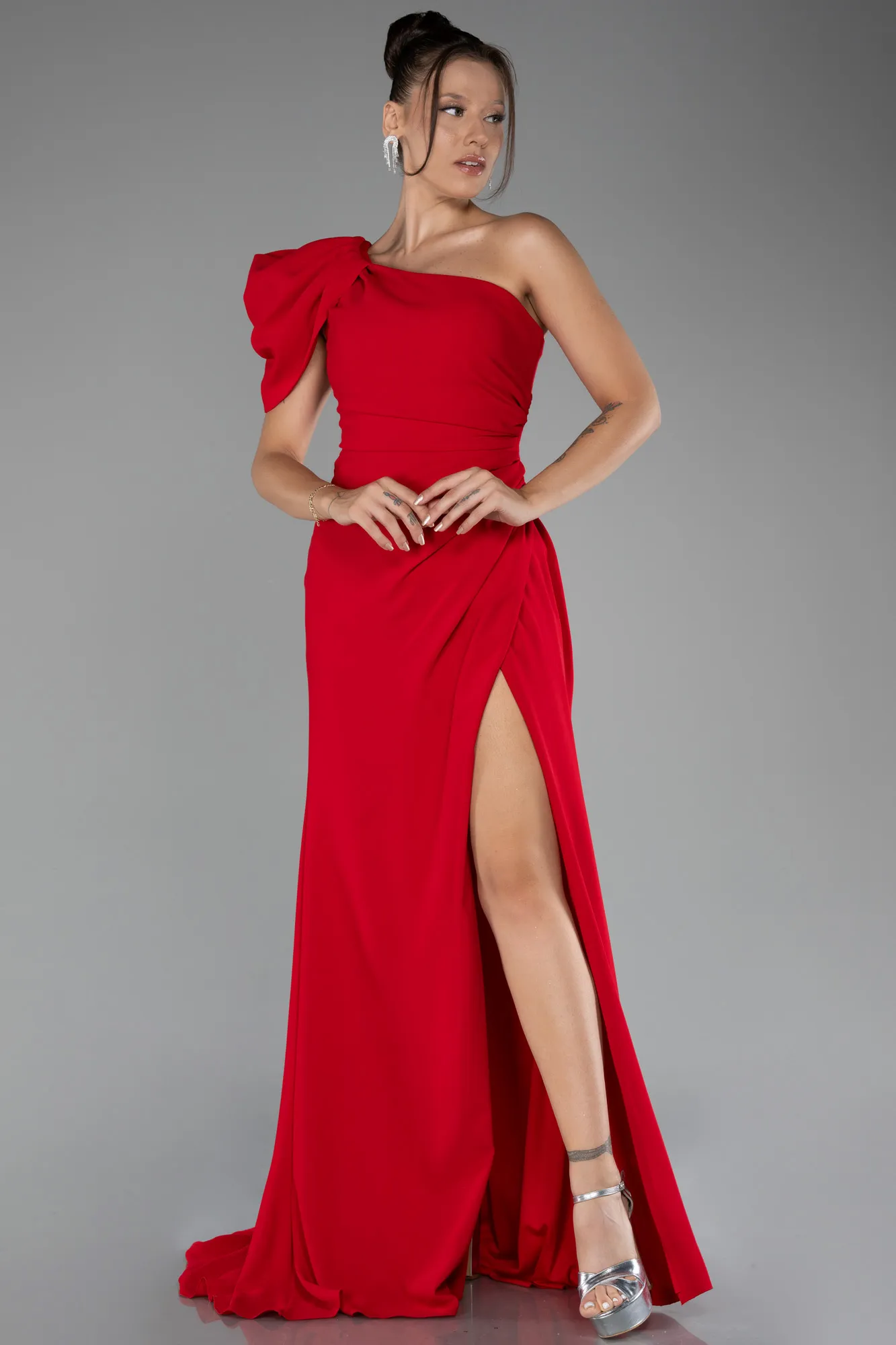 Red-One Shoulder Slit Long Chiffon Prom Dress ABU4091