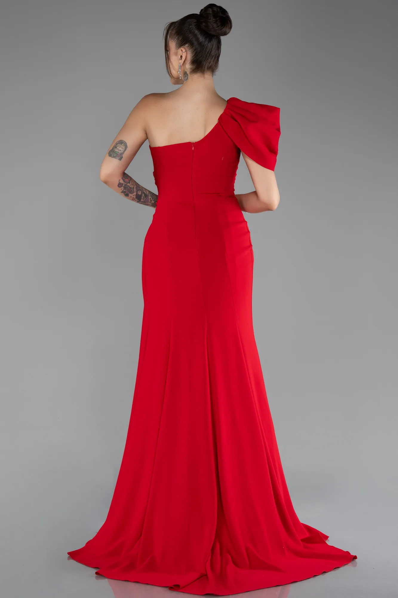 Red-One Shoulder Slit Long Chiffon Prom Dress ABU4091