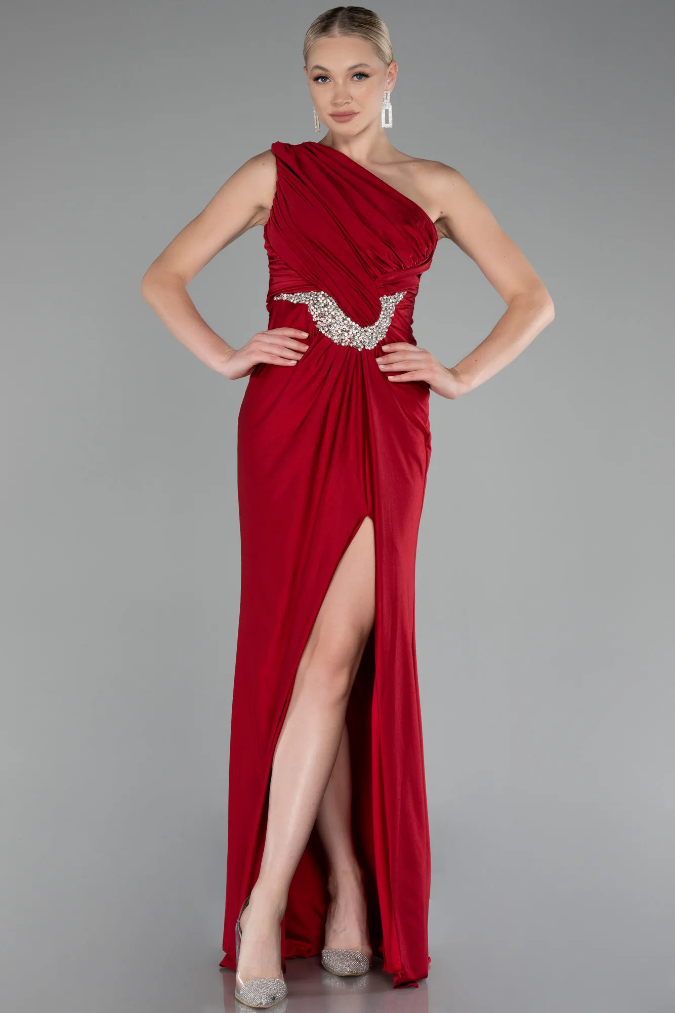 Red-One Shoulder Slit Long Evening Dress ABU4116