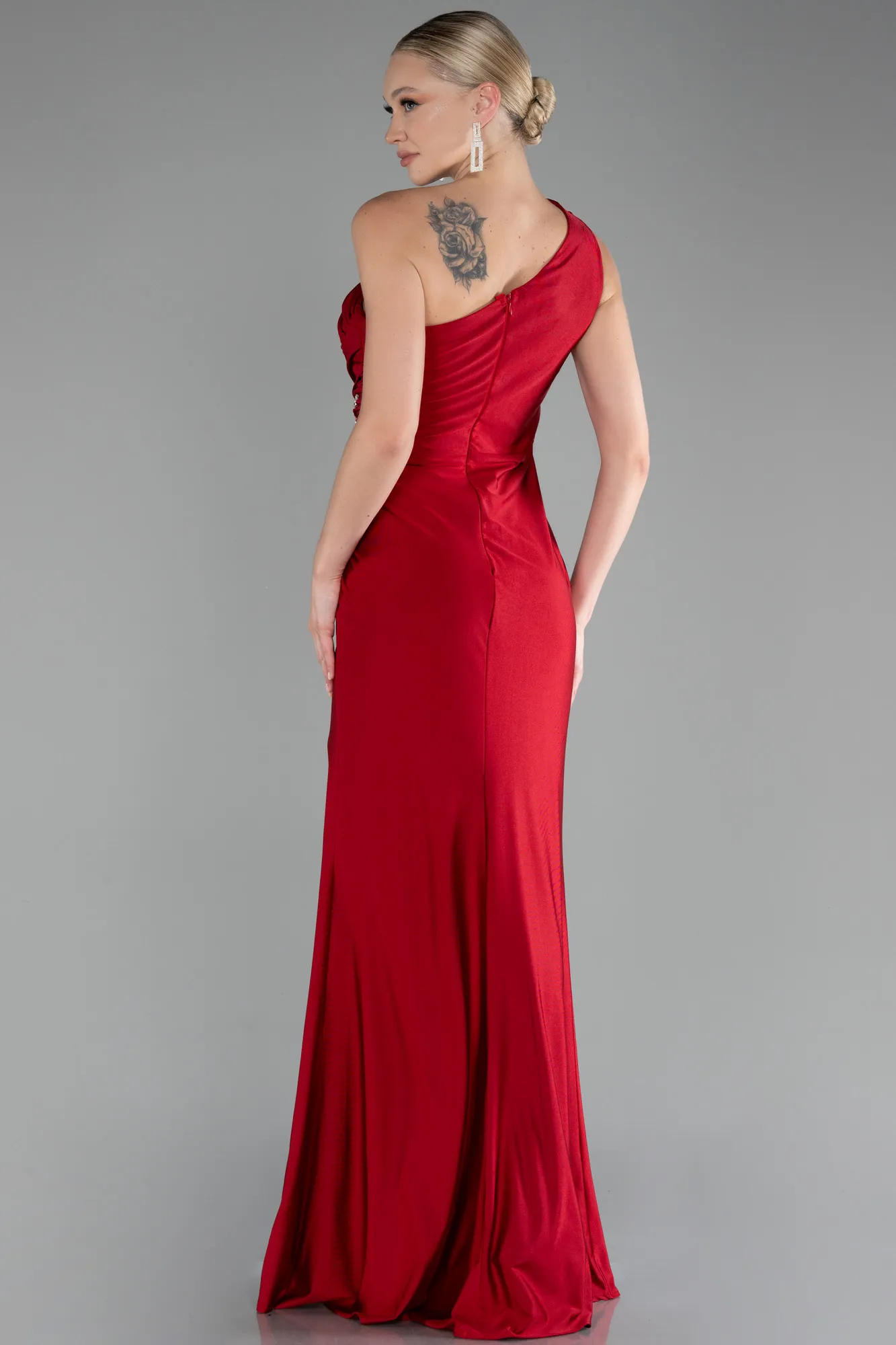 Red-One Shoulder Slit Long Evening Dress ABU4116