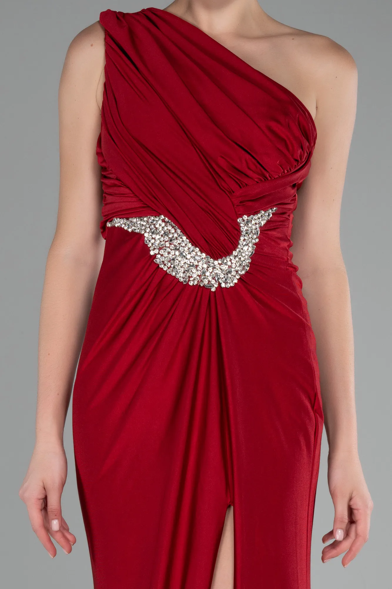 Red-One Shoulder Slit Long Evening Dress ABU4116