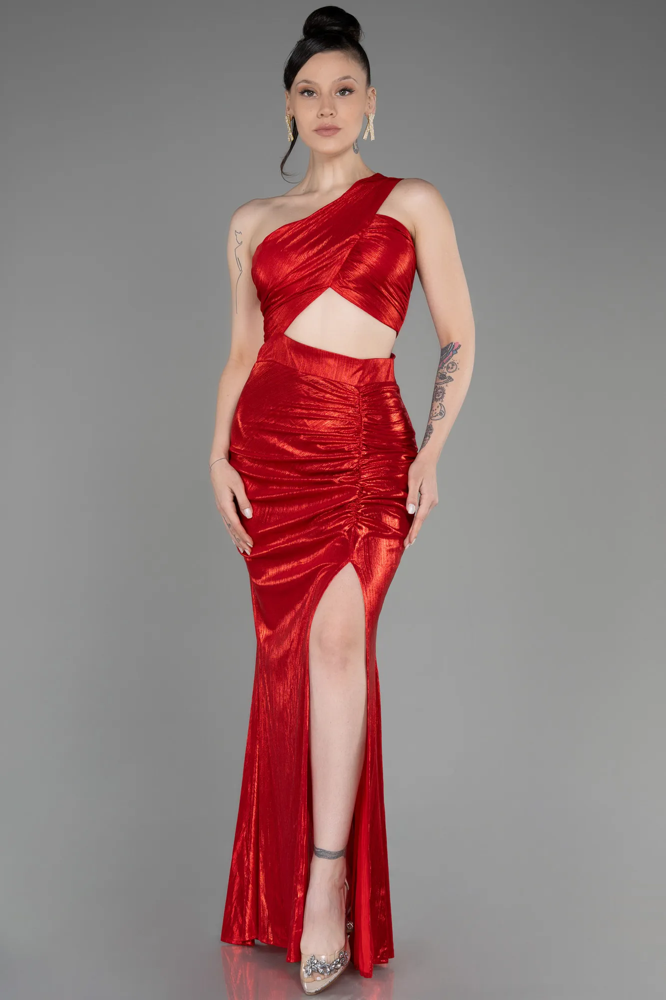 Red-One-Shoulder Slit Long Prom Dress ABU3848