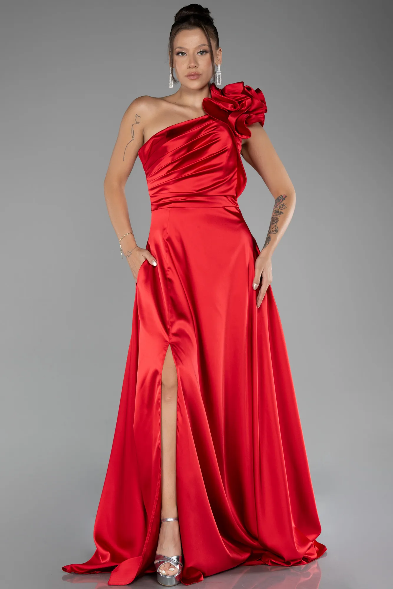 Red-One Shoulder Slit Long Satin Evening Dress ABU4092