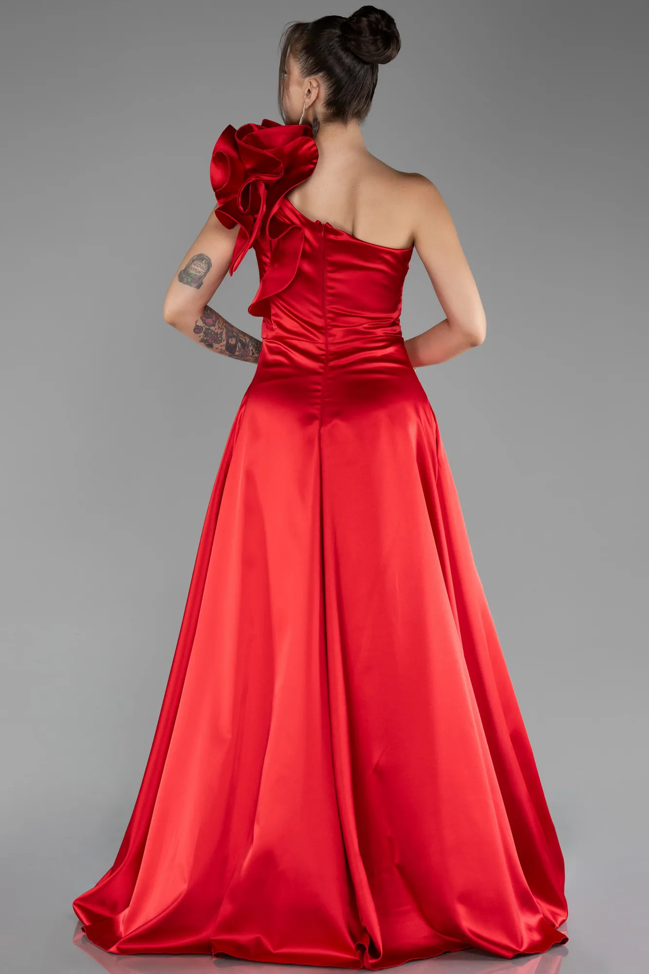 Red-One Shoulder Slit Long Satin Evening Dress ABU4092