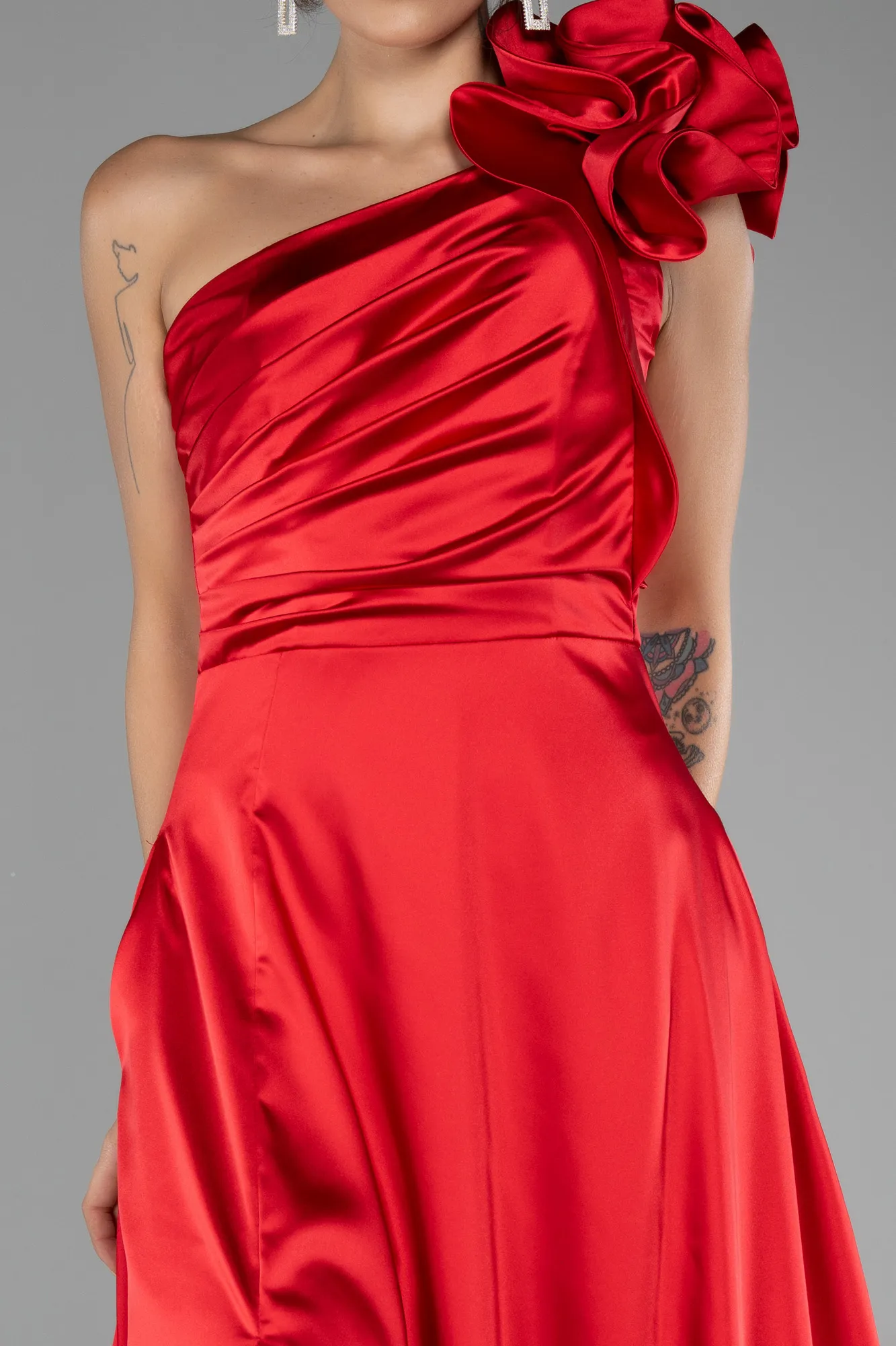 Red-One Shoulder Slit Long Satin Evening Dress ABU4092