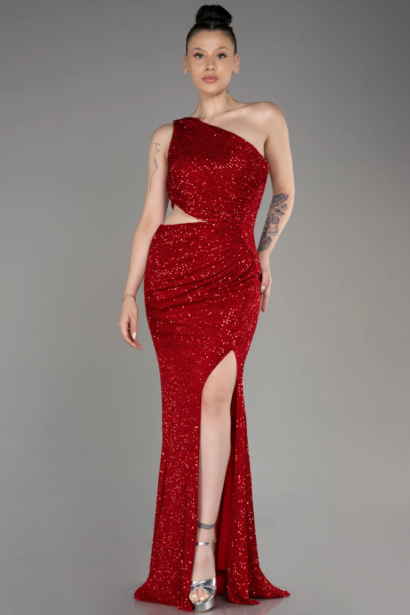 Red-One Shoulder Slit Scaly Evening Dress ABU3904