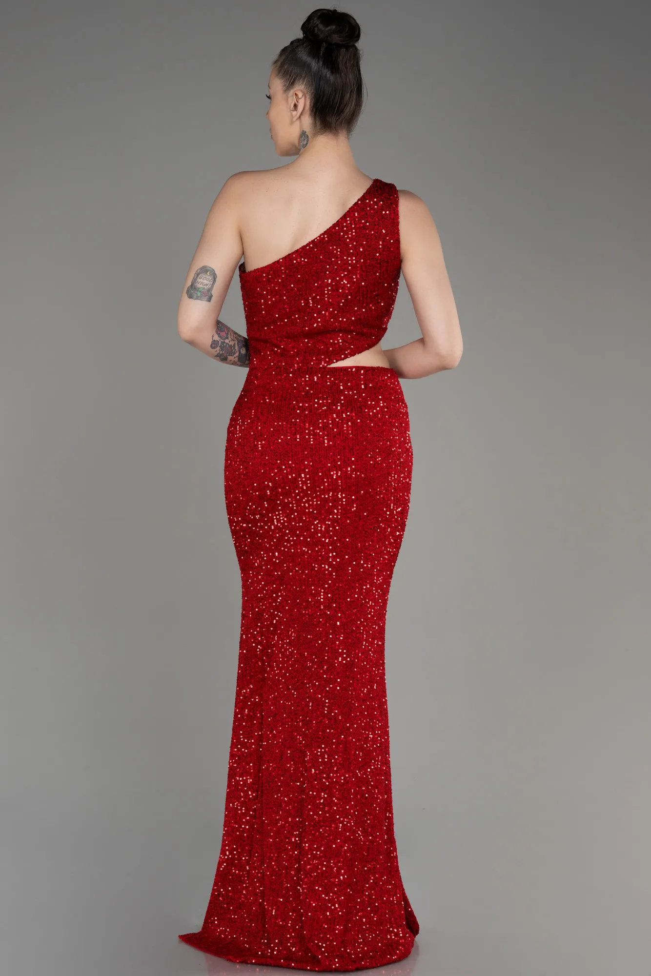 Red-One Shoulder Slit Scaly Evening Dress ABU3904