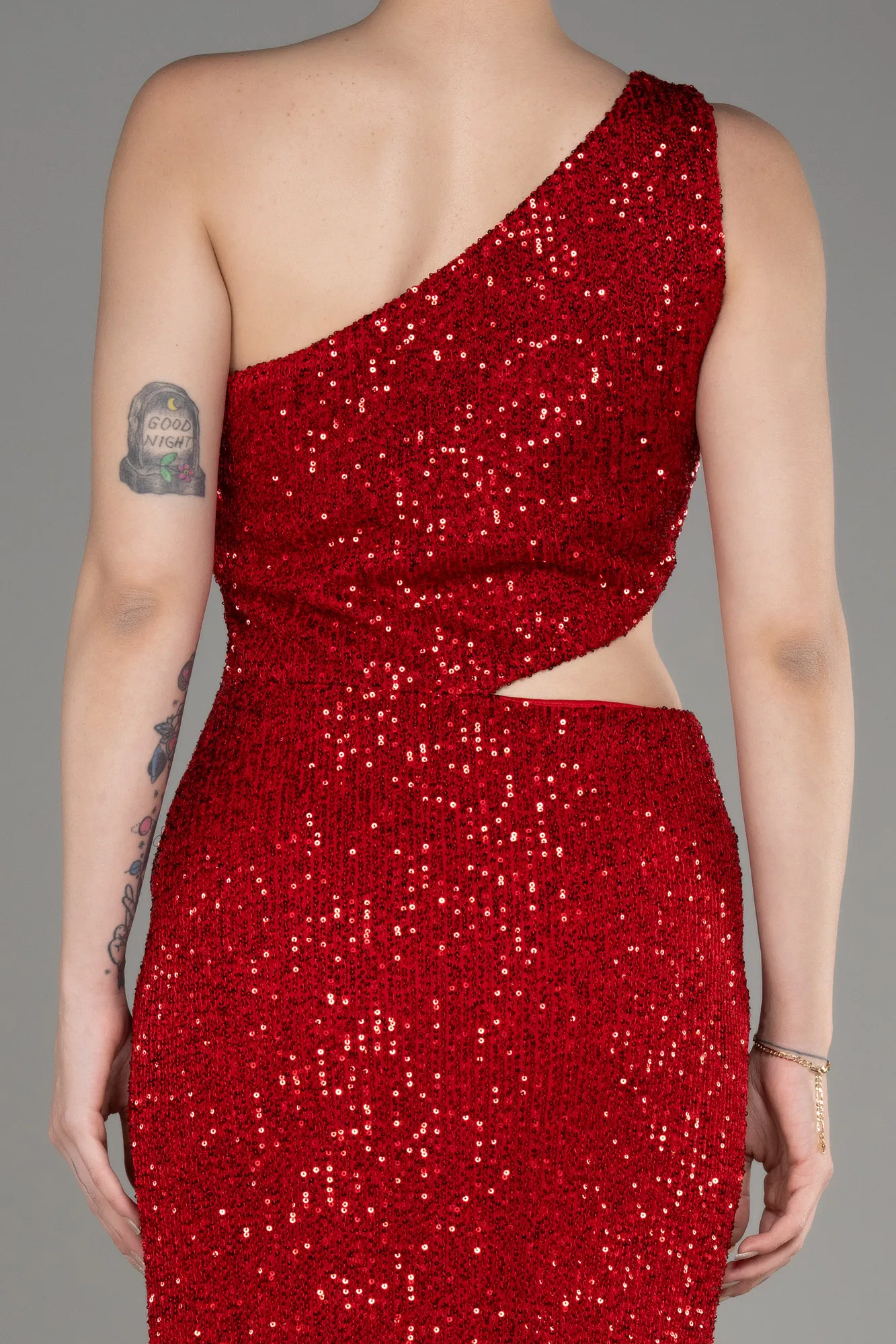 Red-One Shoulder Slit Scaly Evening Dress ABU3904