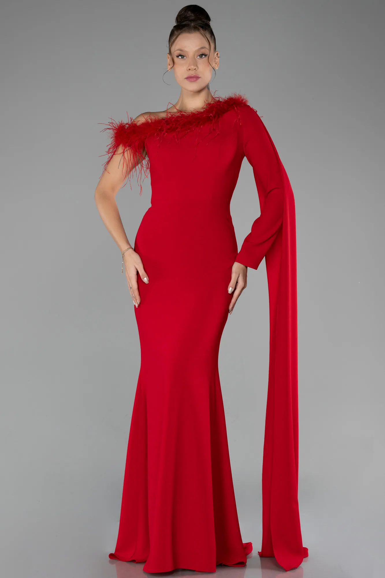 Red-One Sleeve Cape Long Mermaid Evening Dress ABU4295