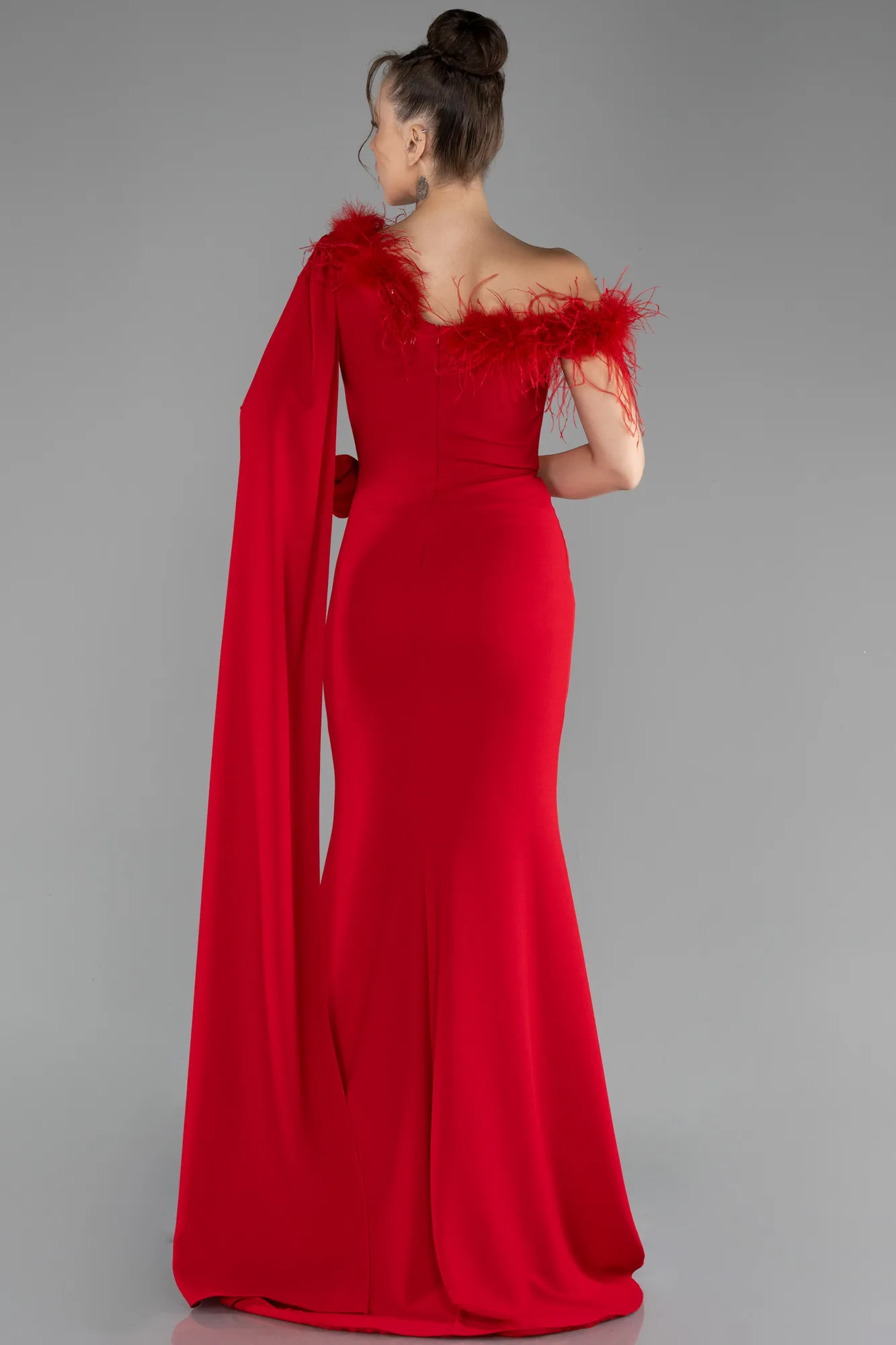 Red-One Sleeve Cape Long Mermaid Evening Dress ABU4295