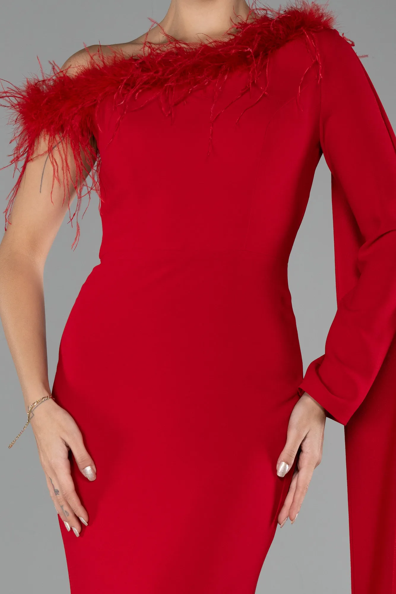 Red-One Sleeve Cape Long Mermaid Evening Dress ABU4295