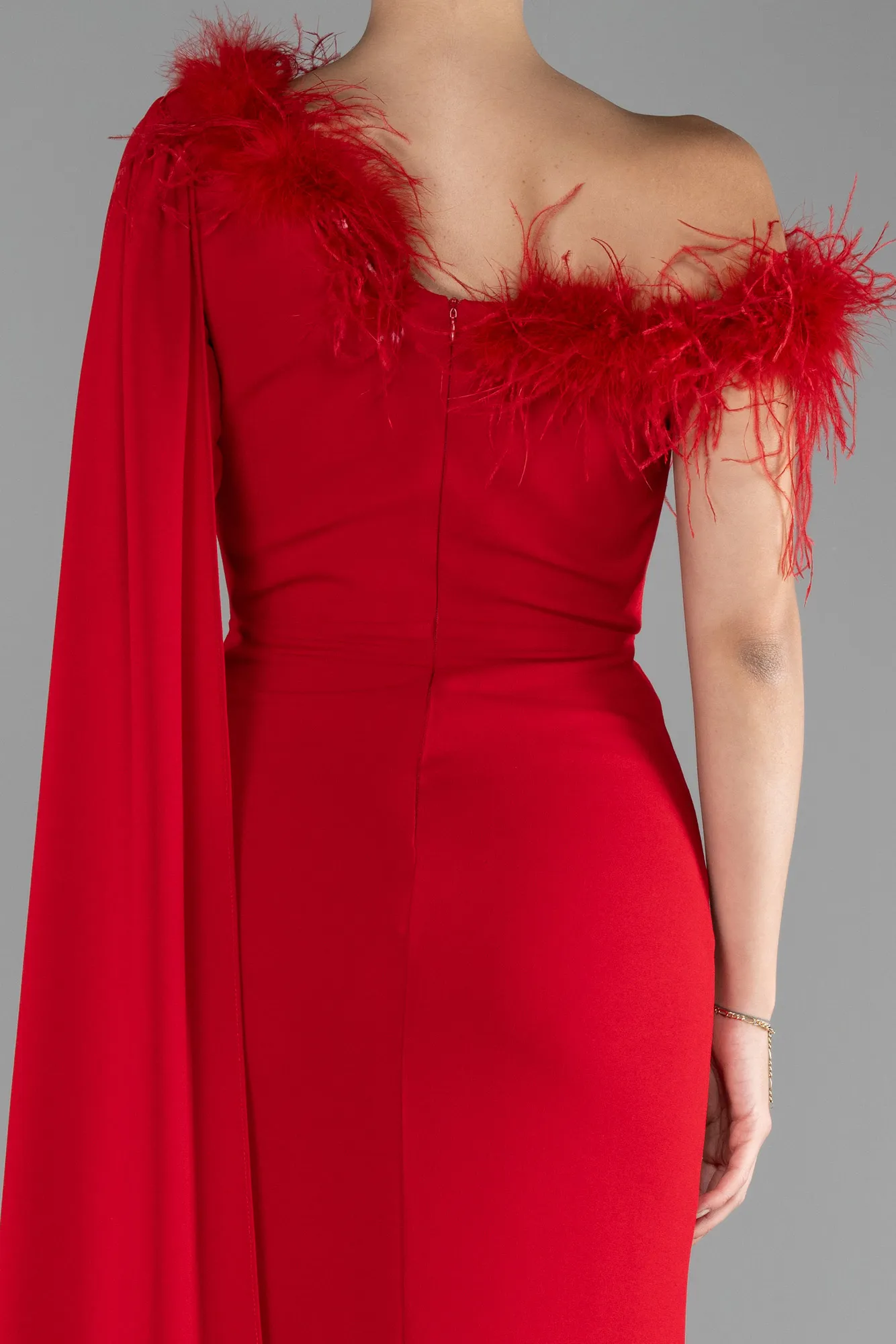 Red-One Sleeve Cape Long Mermaid Evening Dress ABU4295