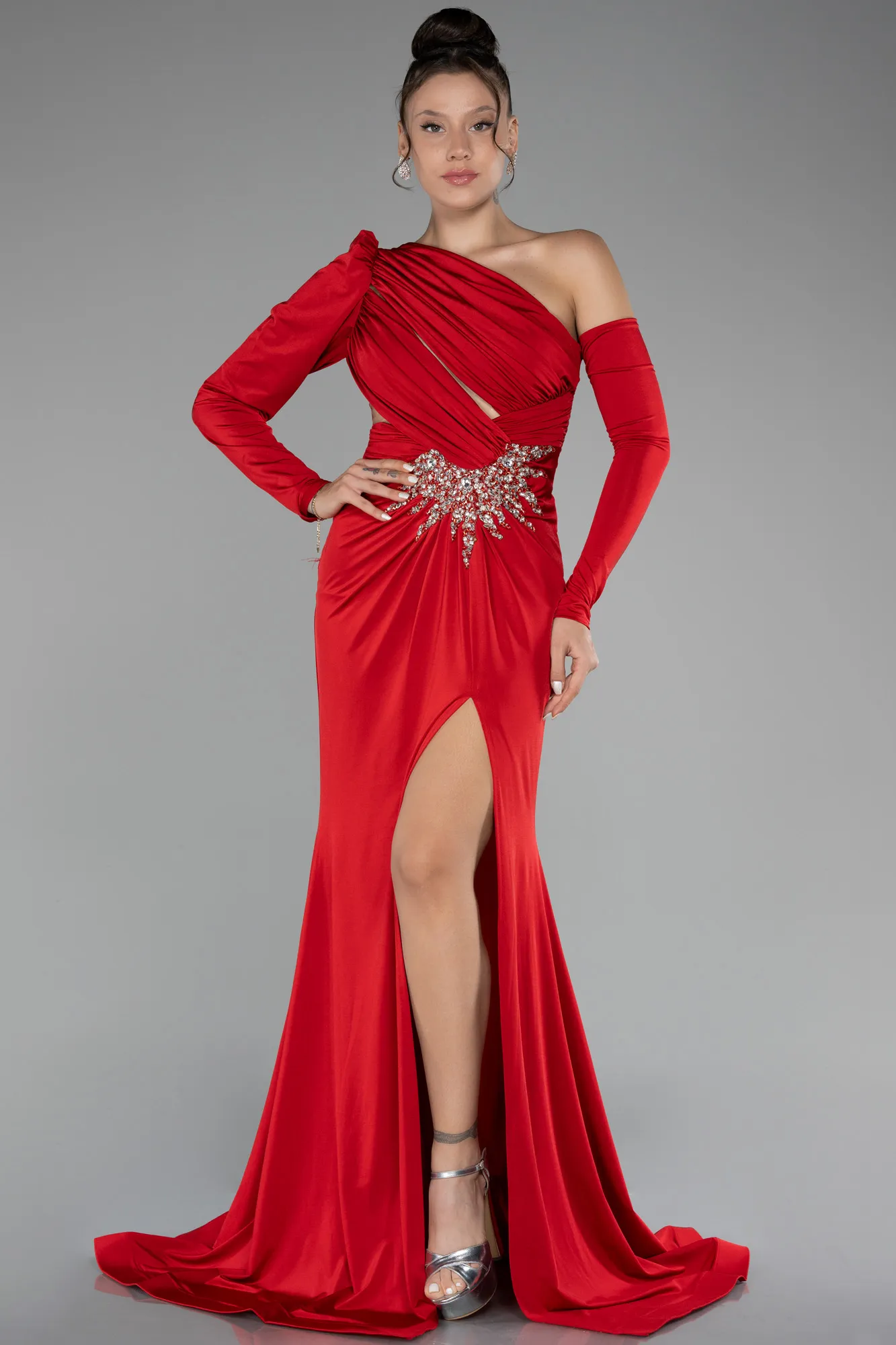 Red-One Sleeve Long Evening Dress ABU3851