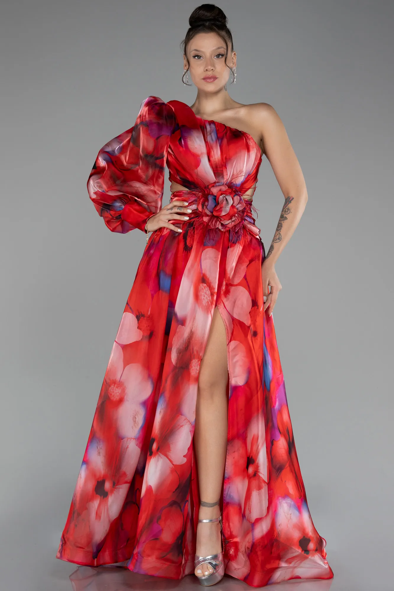 Red-One Sleeve Slit Long Satin Patterned Prom Gown ABU4208