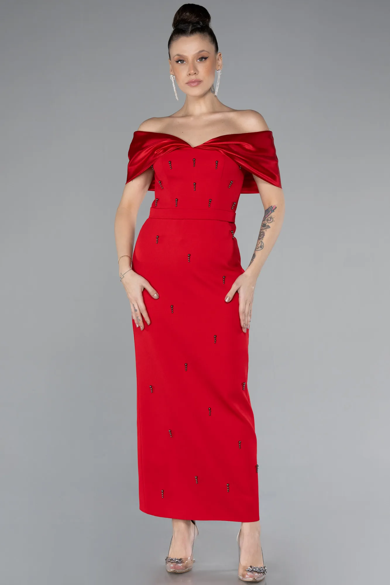 Red-Satin Boat Neck Stone Midi Evening Dress ABK2212