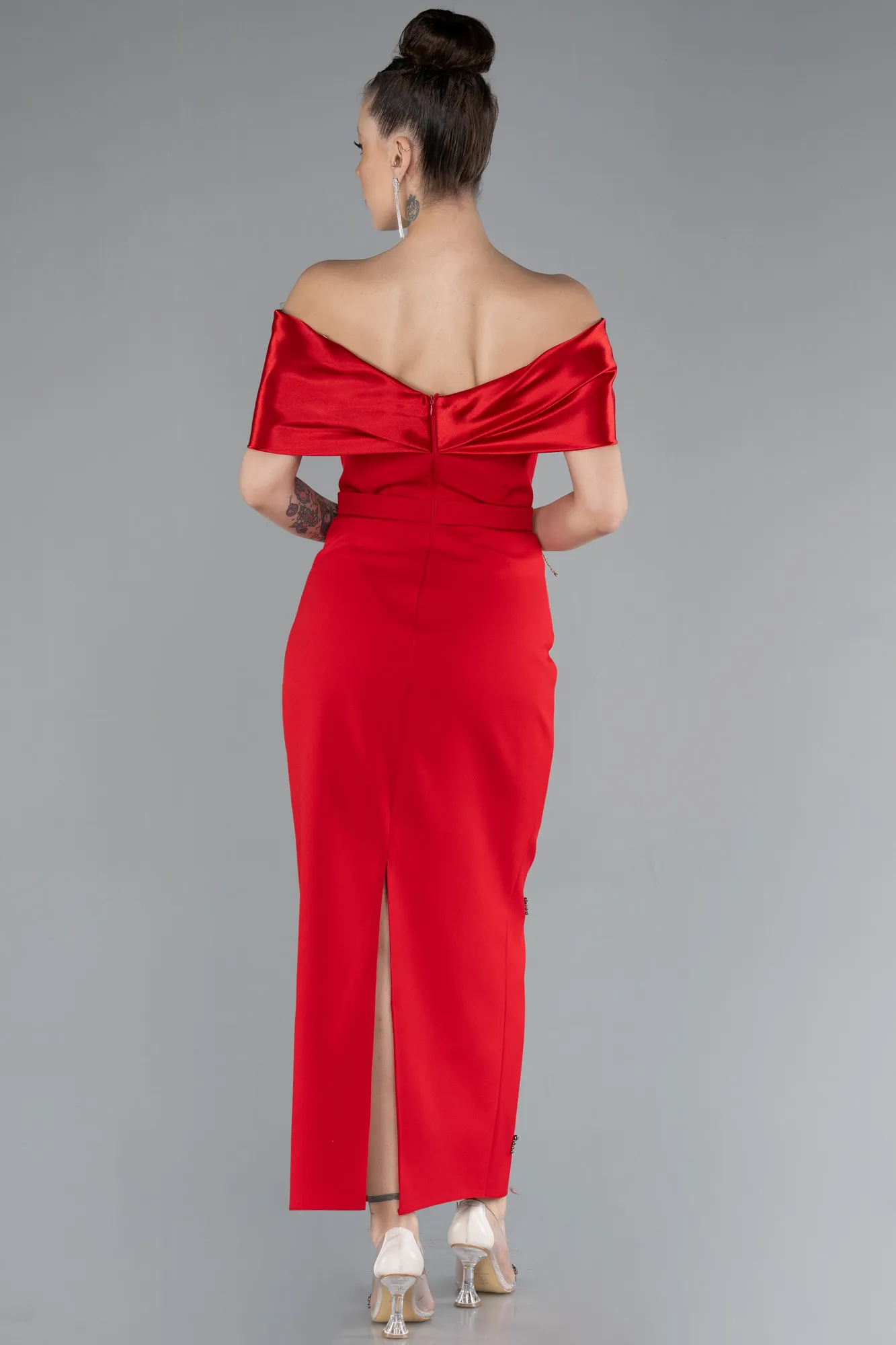 Red-Satin Boat Neck Stone Midi Evening Dress ABK2212