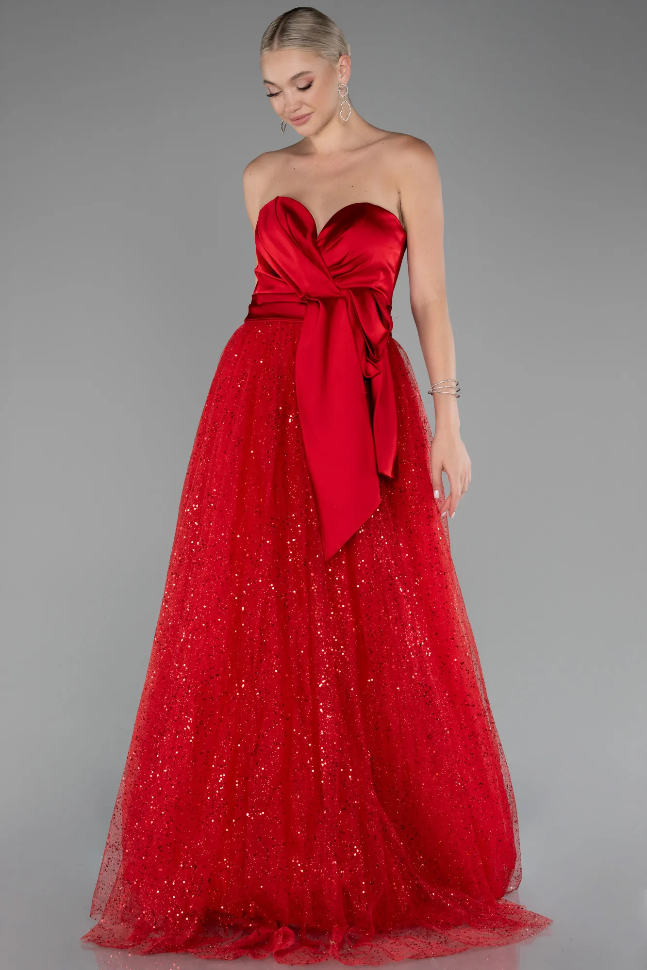 Red-Satin Strapless Neckline Long Glitter Evening Dress ABU4069