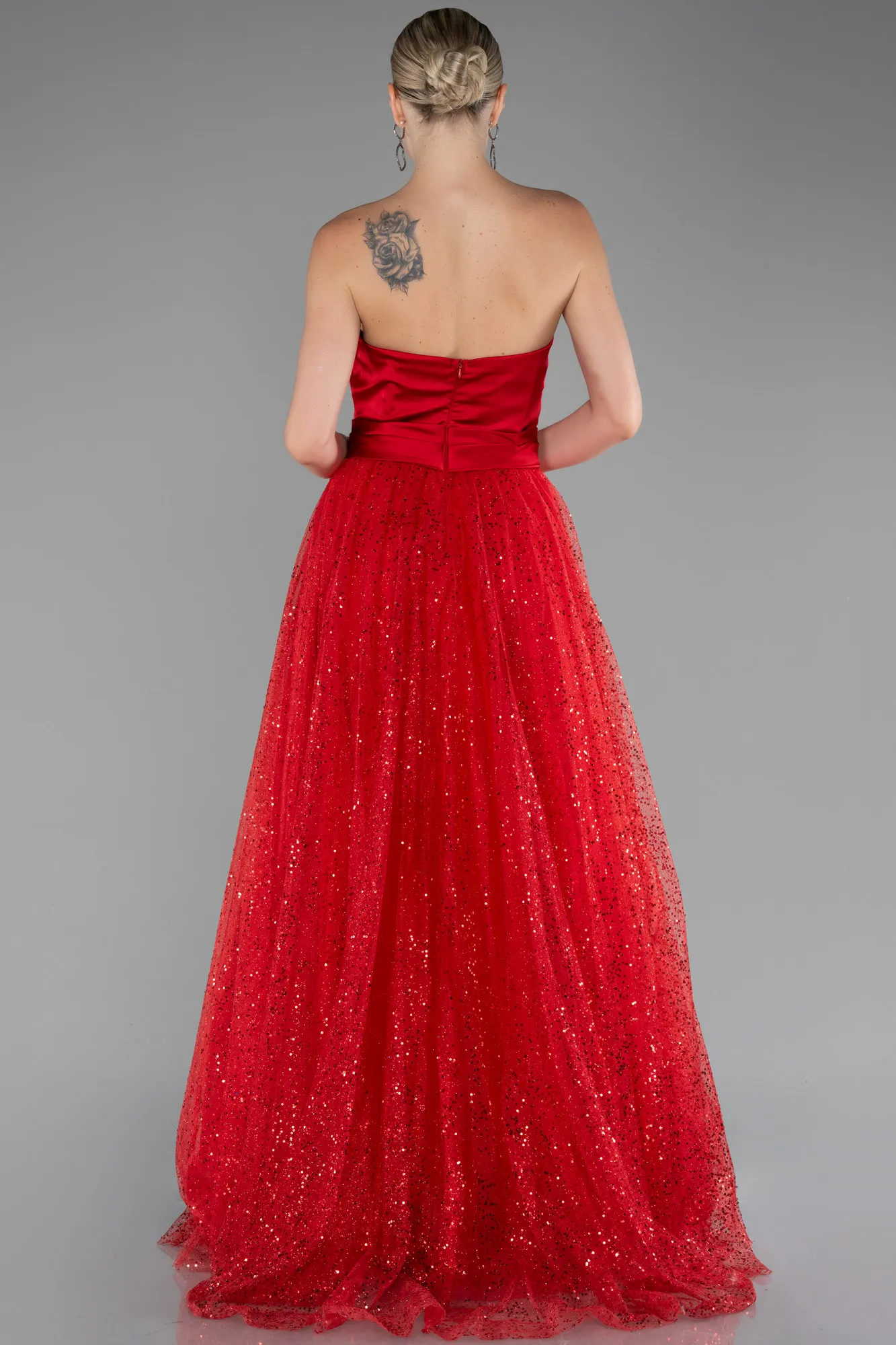 Red-Satin Strapless Neckline Long Glitter Evening Dress ABU4069