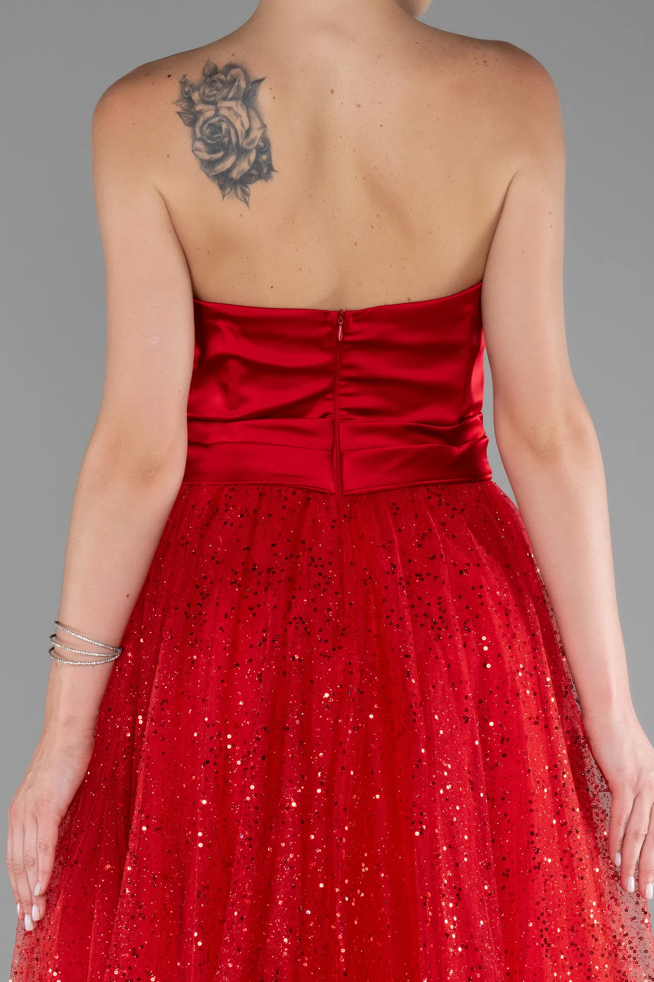 Red-Satin Strapless Neckline Long Glitter Evening Dress ABU4069