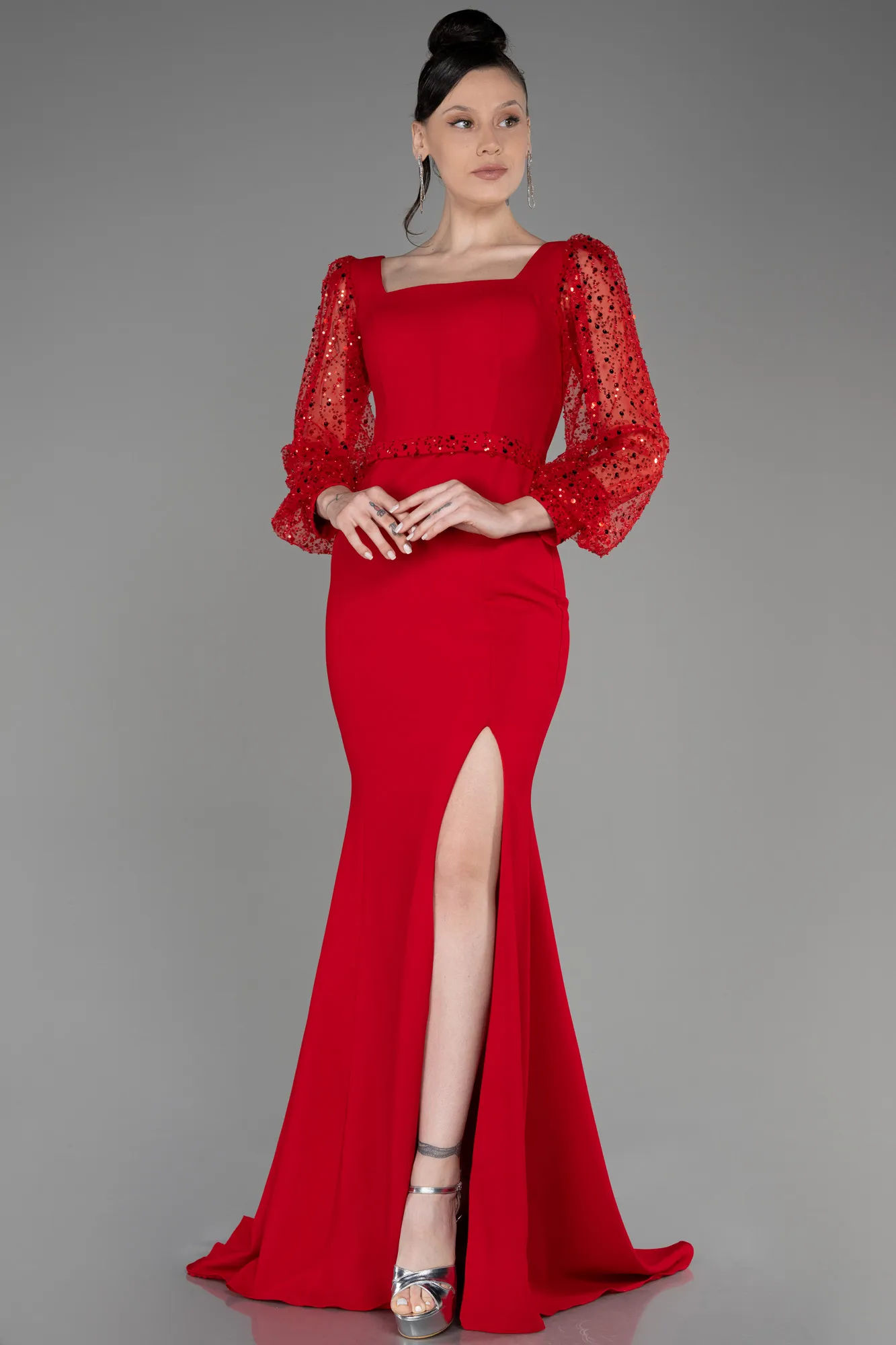 Red-Scaly Long Sleeve Slit Evening Dress ABU3852
