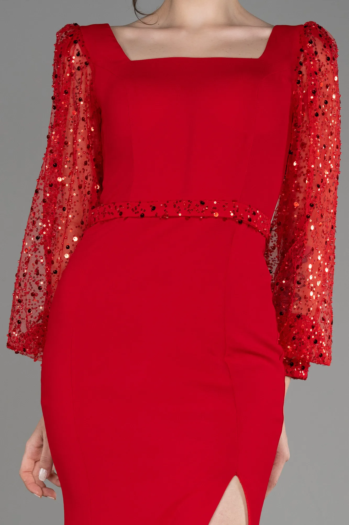 Red-Scaly Long Sleeve Slit Evening Dress ABU3852