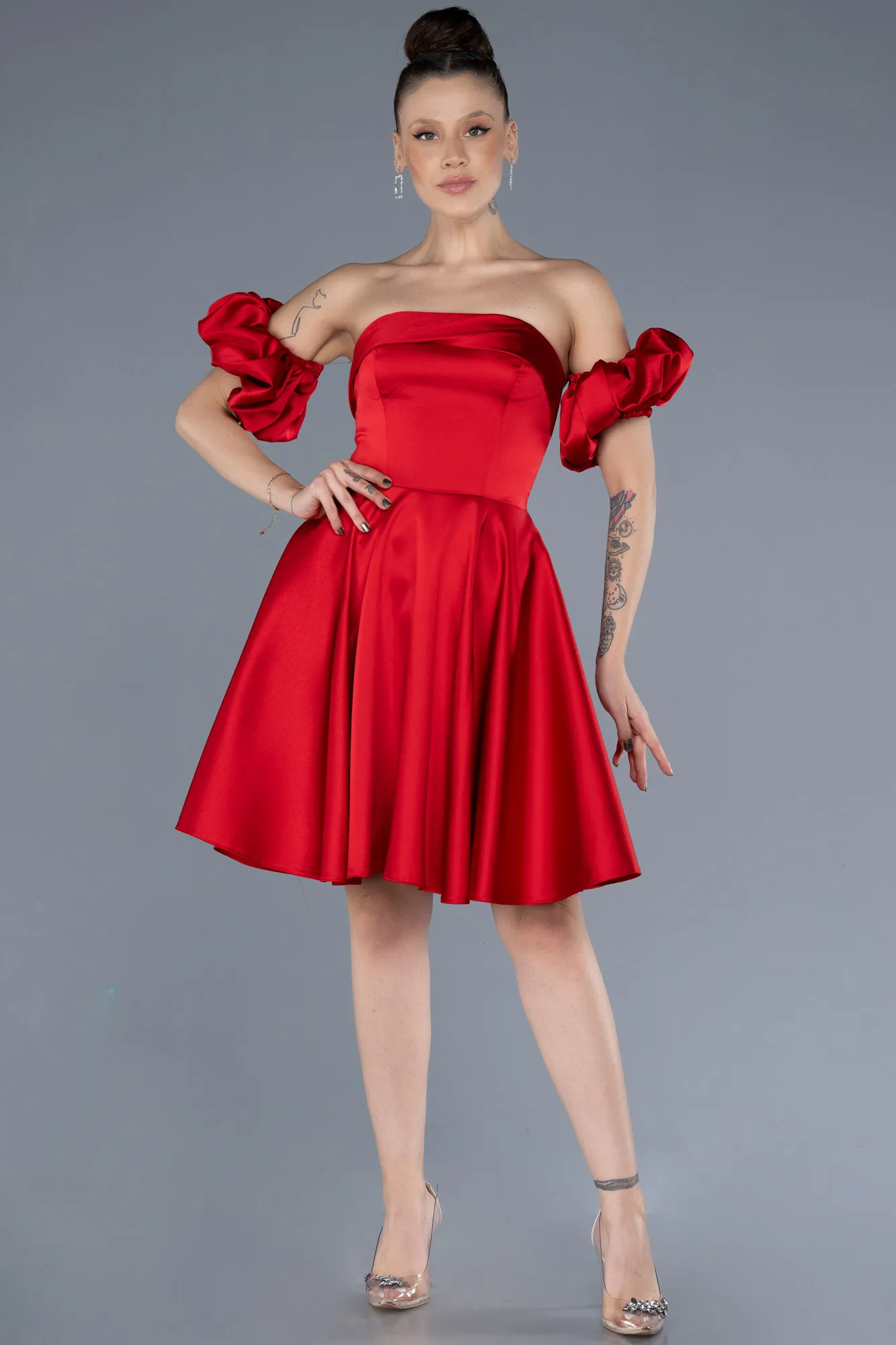 Red-Short Satin Cocktail Dress ABK2215