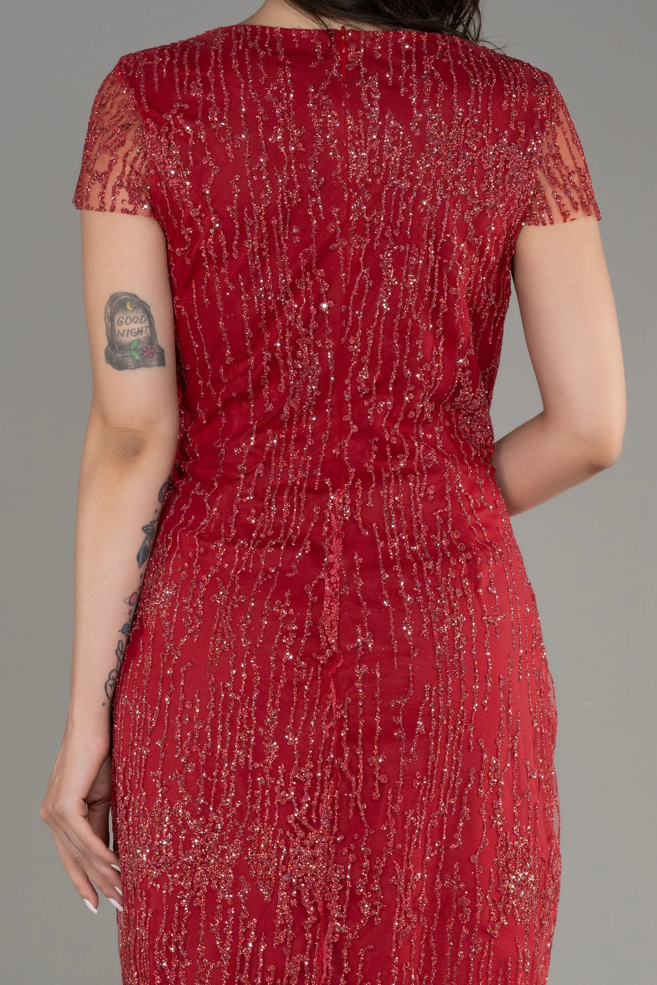 Red-Short Sleeve Glittery Plus Size Invitation Dress ABK2050