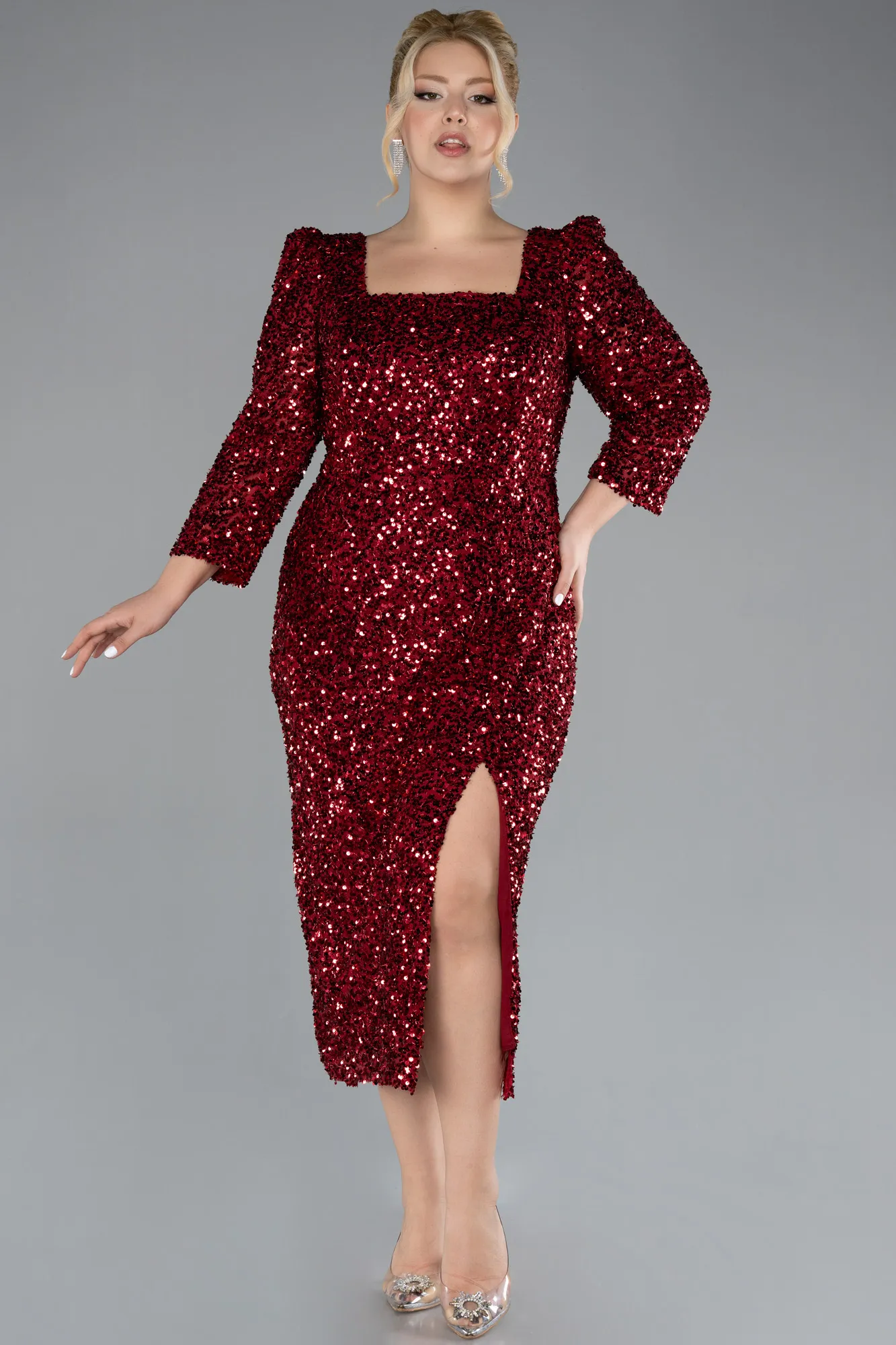 Red-Short Sleeve Midi Scaly Evening Dress ABK2172