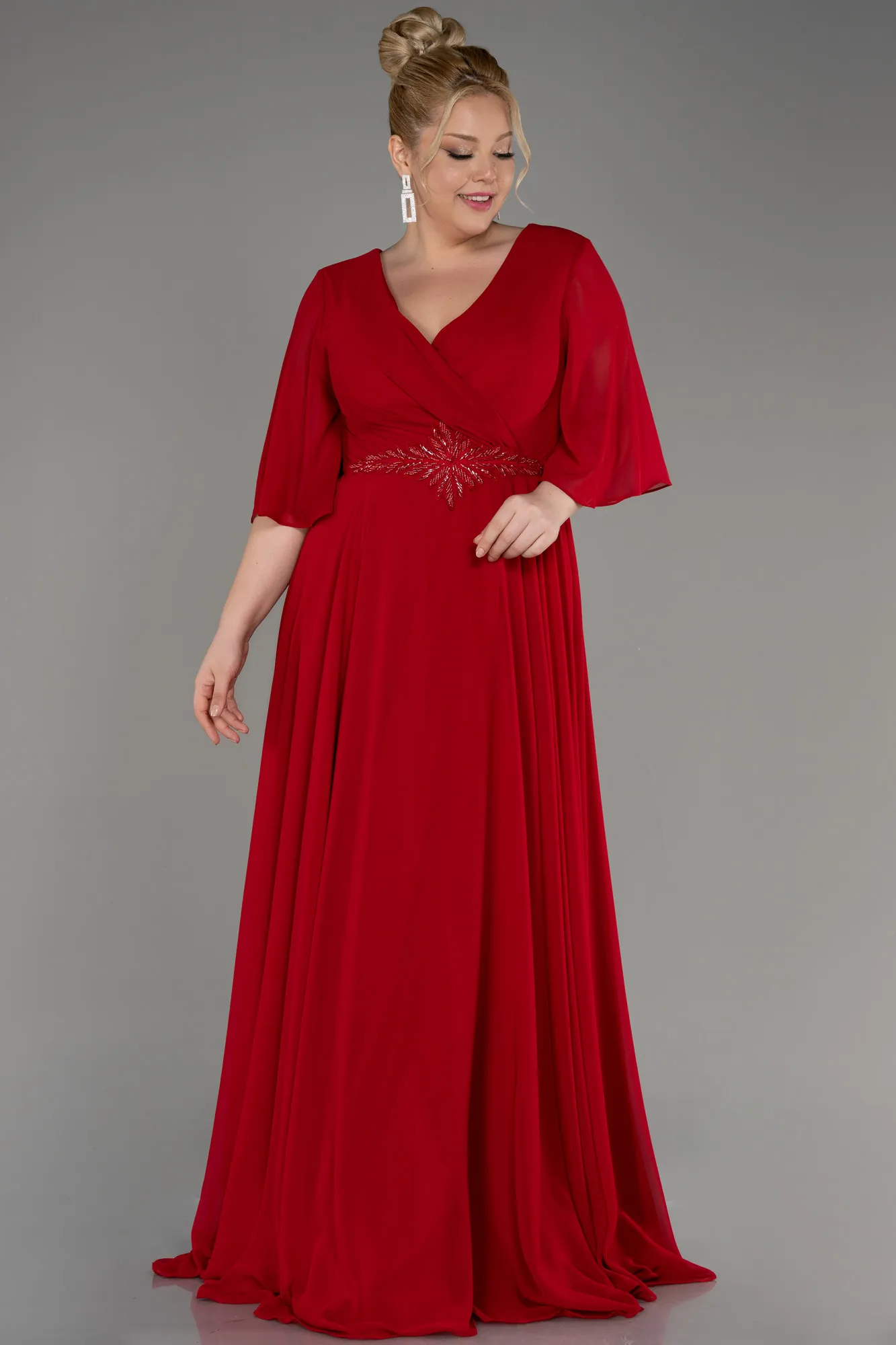 Red-Short Sleeve Plus Size Long Chiffon Evening Dress ABU3991