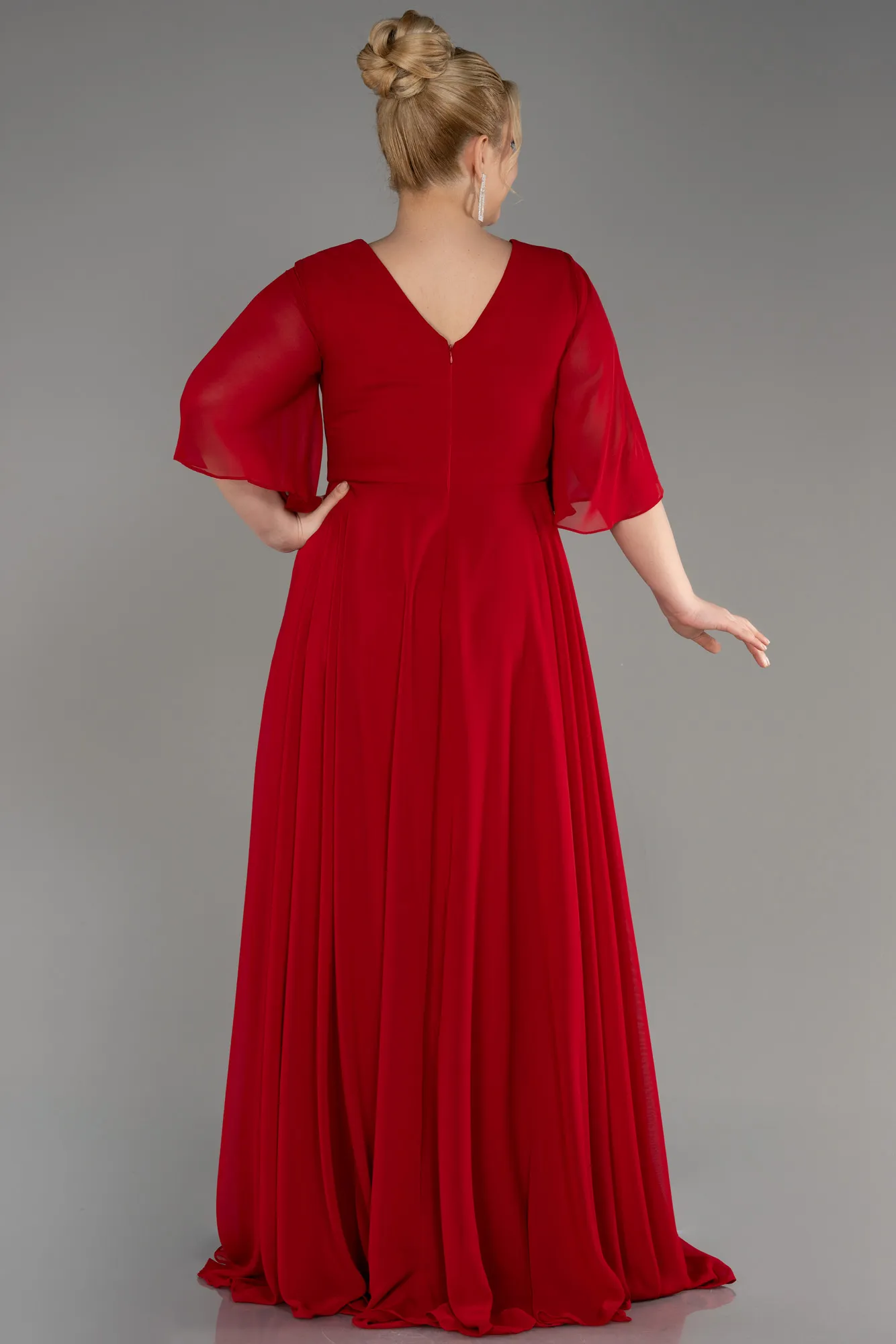 Red-Short Sleeve Plus Size Long Chiffon Evening Dress ABU3991