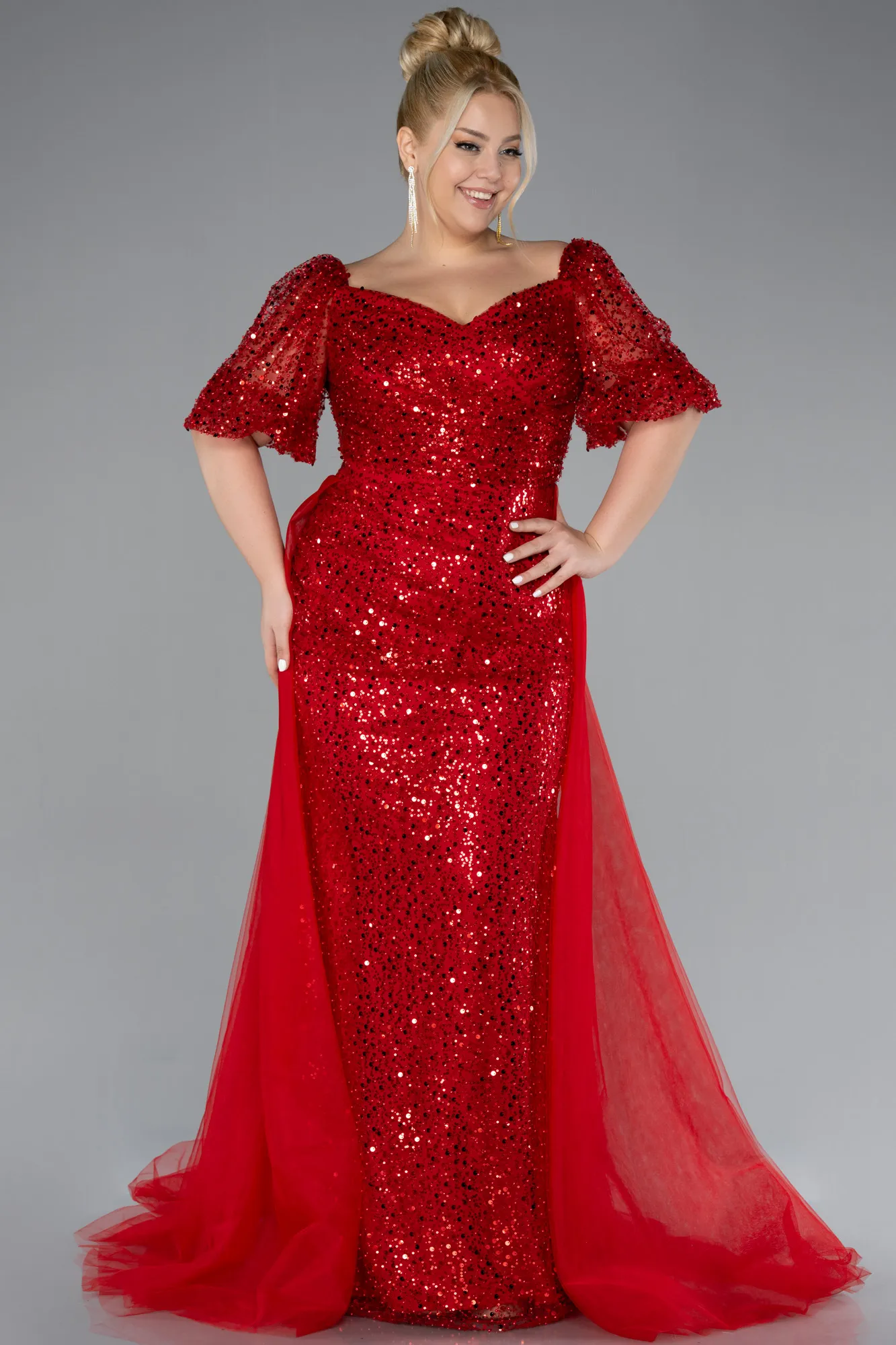 Red-Short Sleeves Long Scaly Plus Size Evening Gown ABU4281